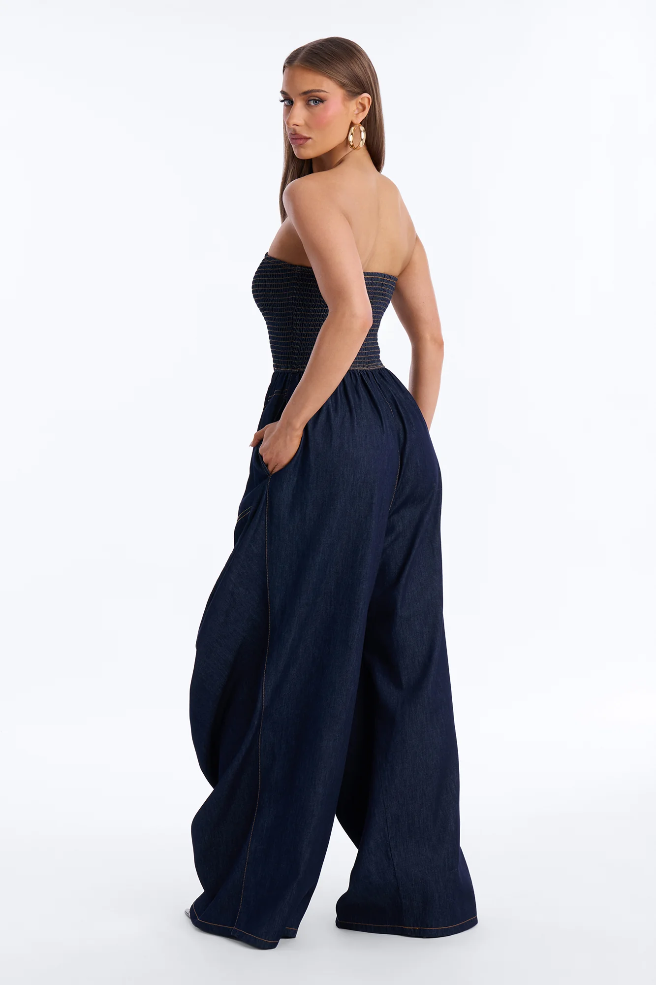 Bella Smocked Denim Jumpsuit - Dark Wash - Image 3