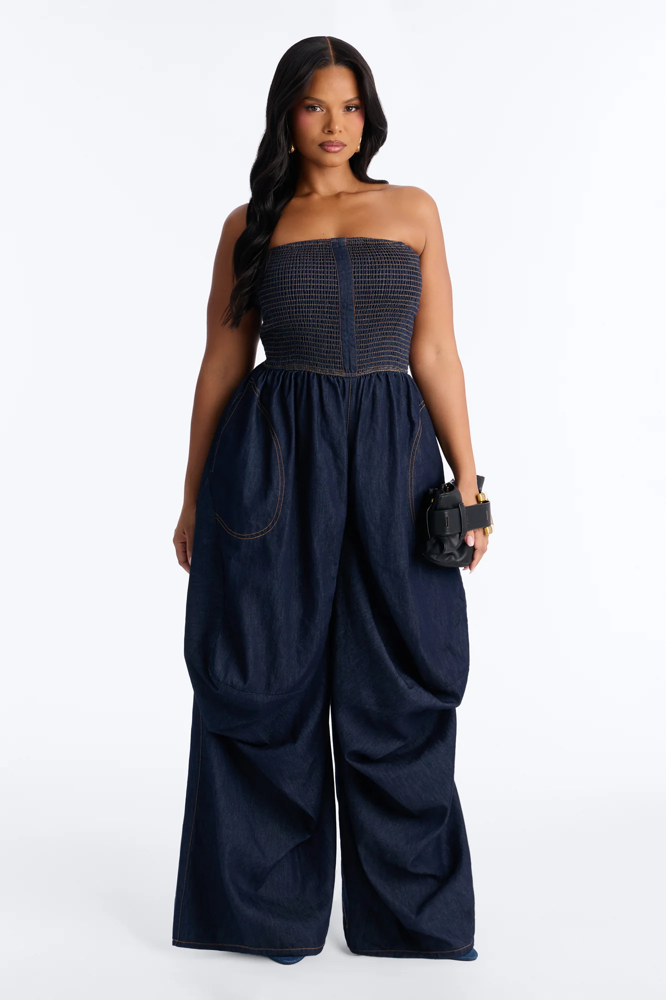Bella Smocked Denim Jumpsuit - Dark Wash - Image 5
