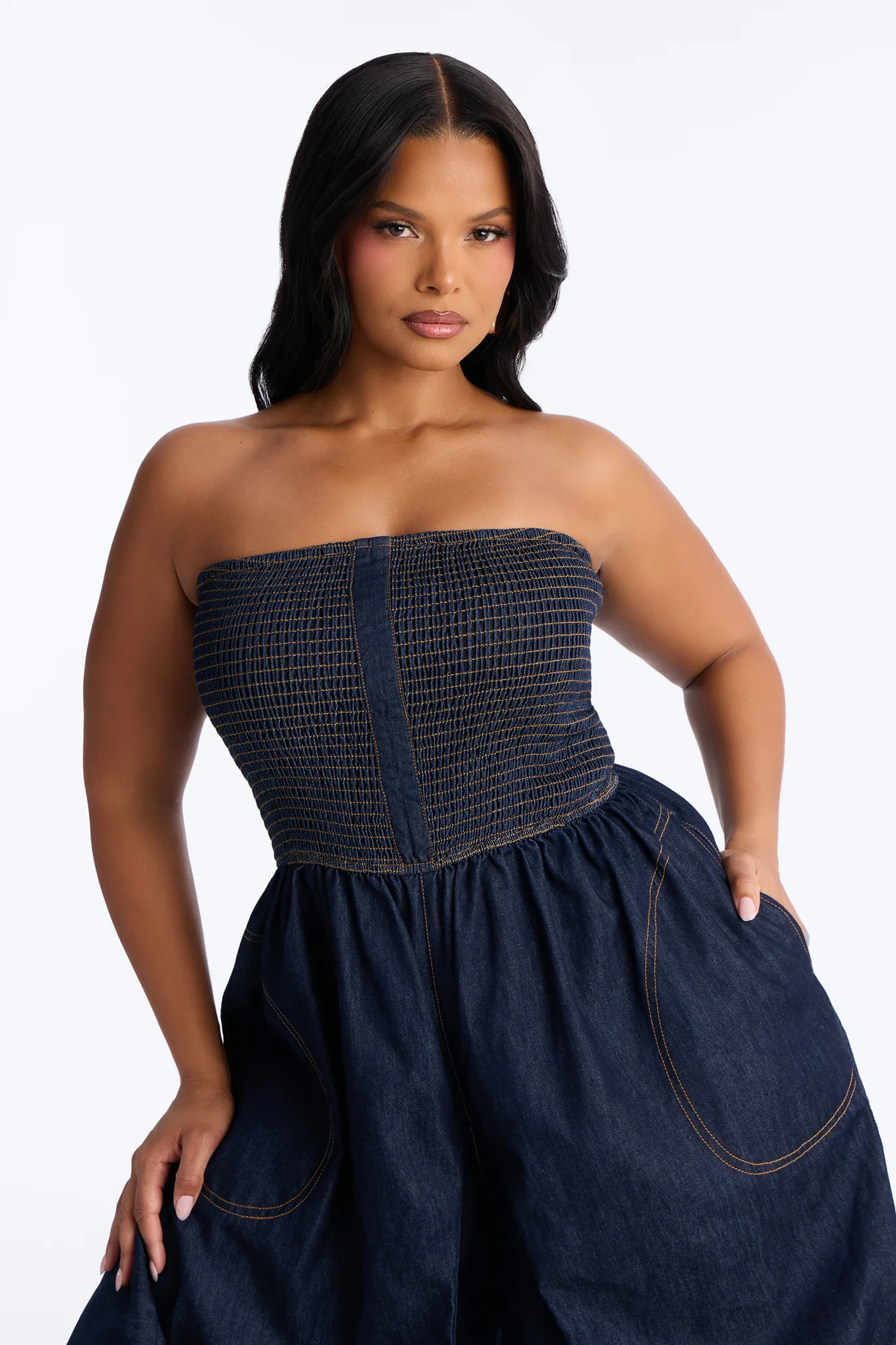 Bella Smocked Denim Jumpsuit - Dark Wash - Image 6