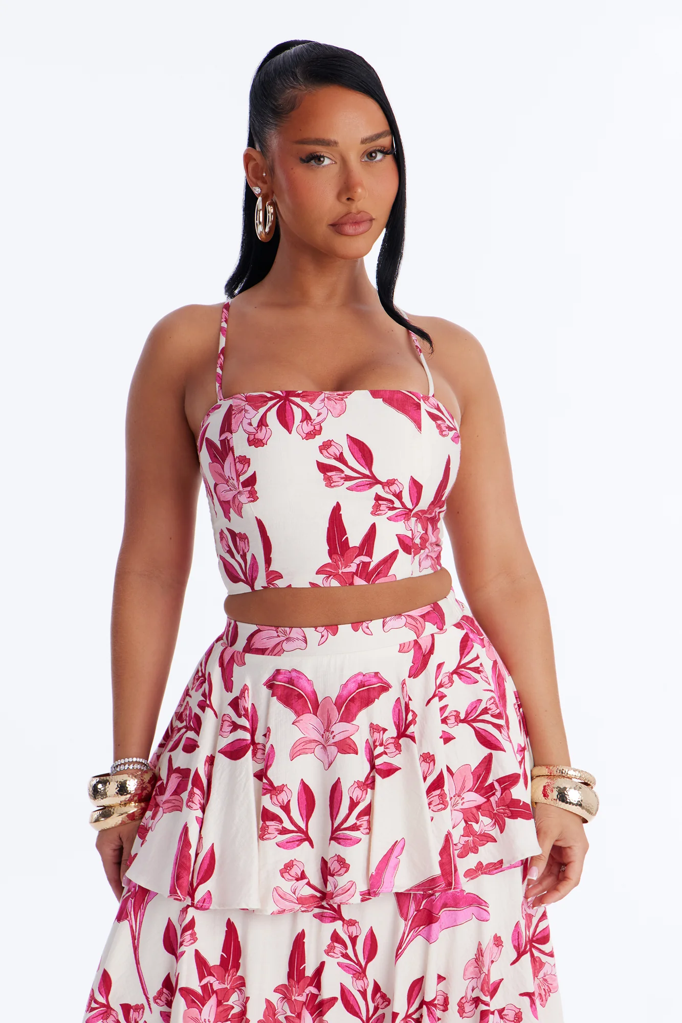 Bellarosa Linen Floral Layered Maxi Skirt Set - Fuchsia - Image 2
