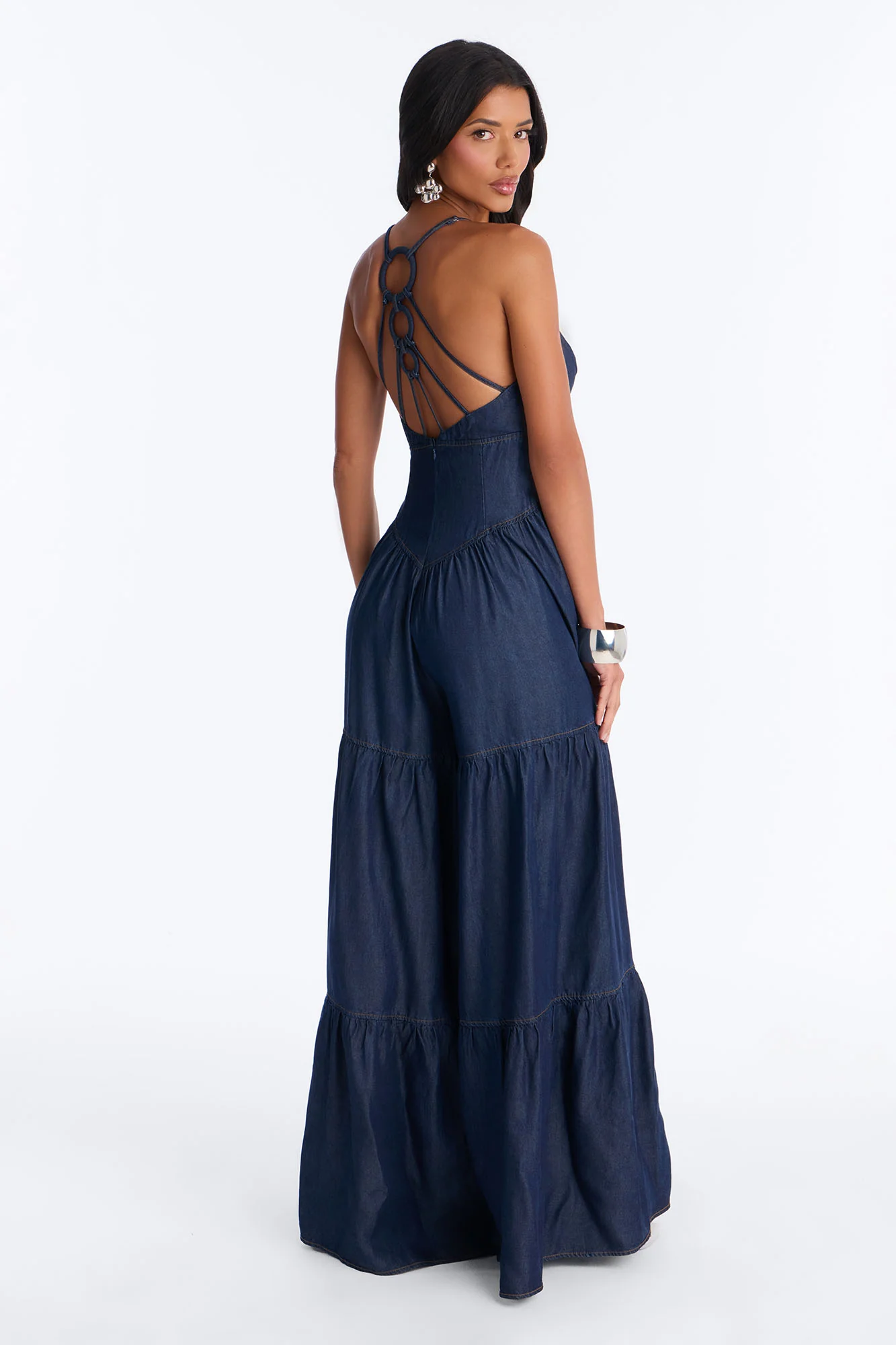Belle Denim Tiered Wide Leg Jumpsuit - Dark Wash - Image 3