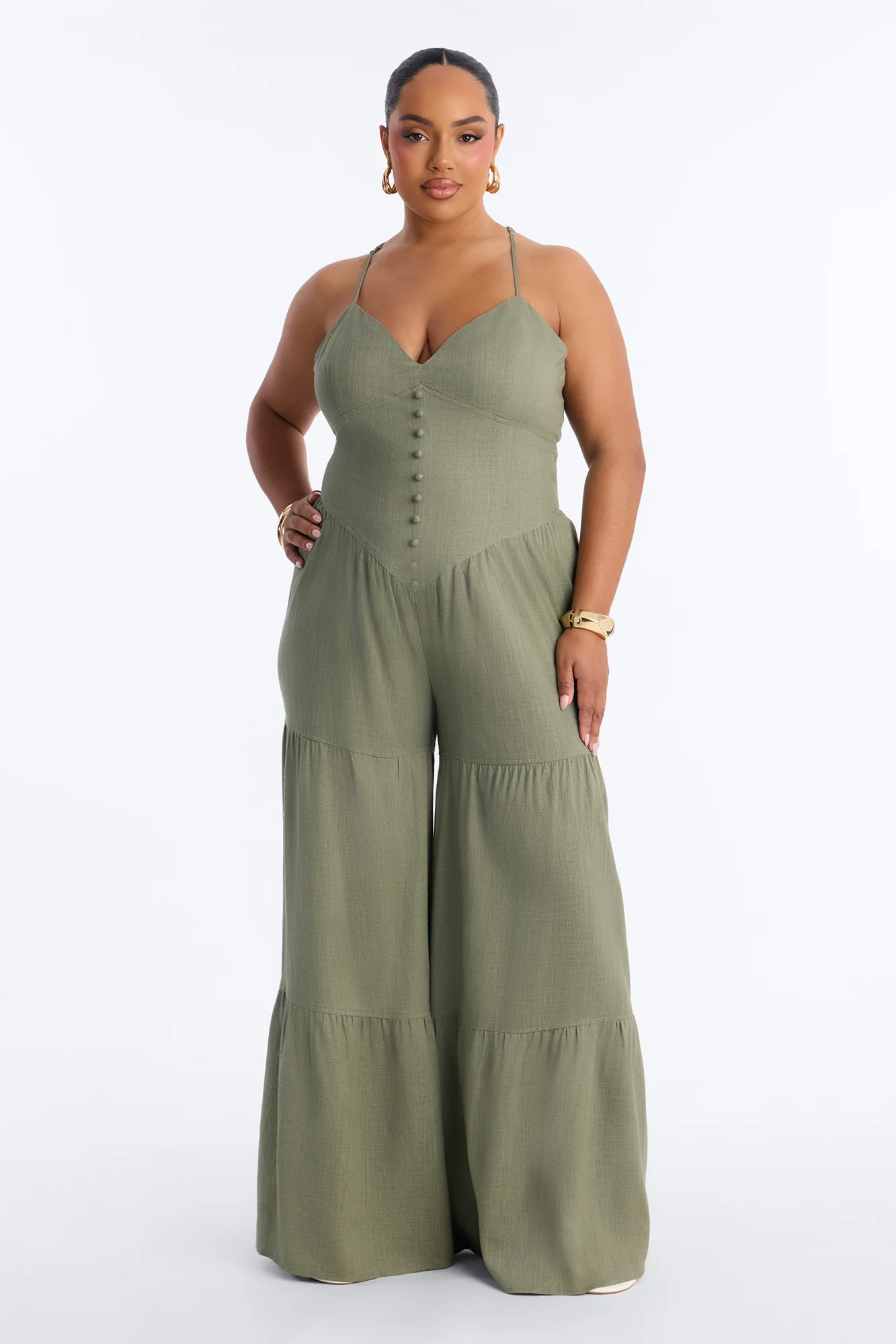 Belle Denim Tiered Wide Leg Jumpsuit - Olive - Image 5