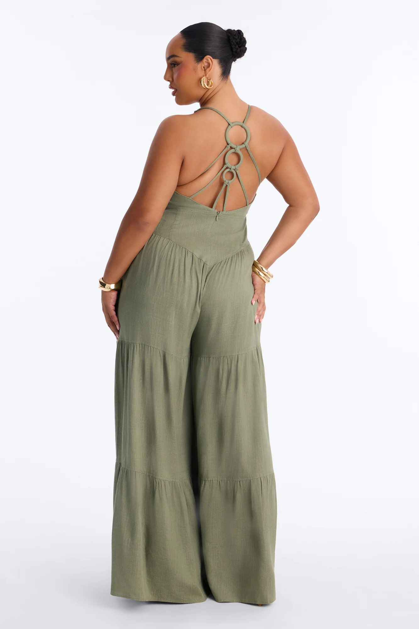 Belle Denim Tiered Wide Leg Jumpsuit - Olive - Image 8