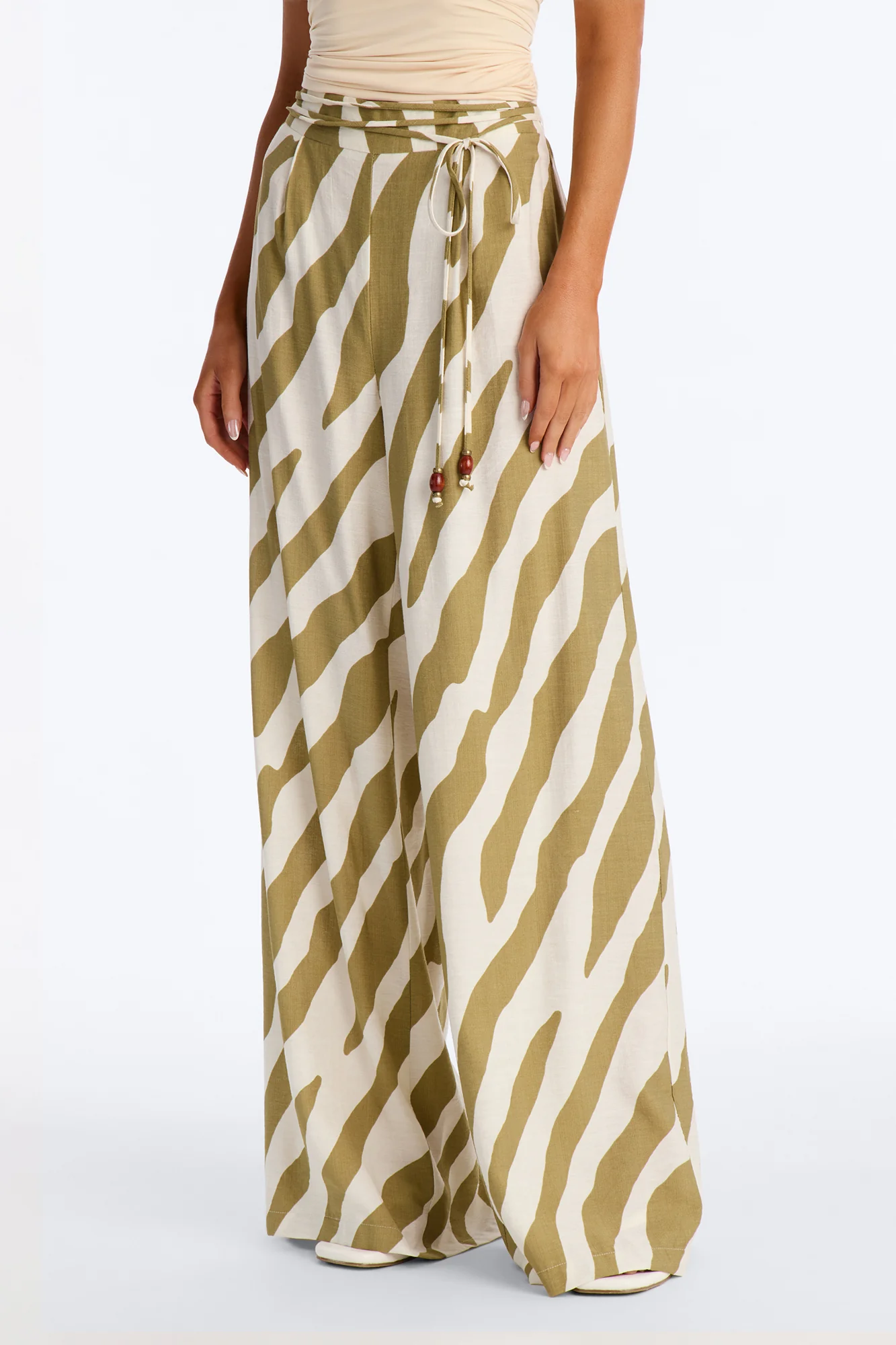 Belle High Waisted Belted Wide Leg Pant - Green/combo - Image 2