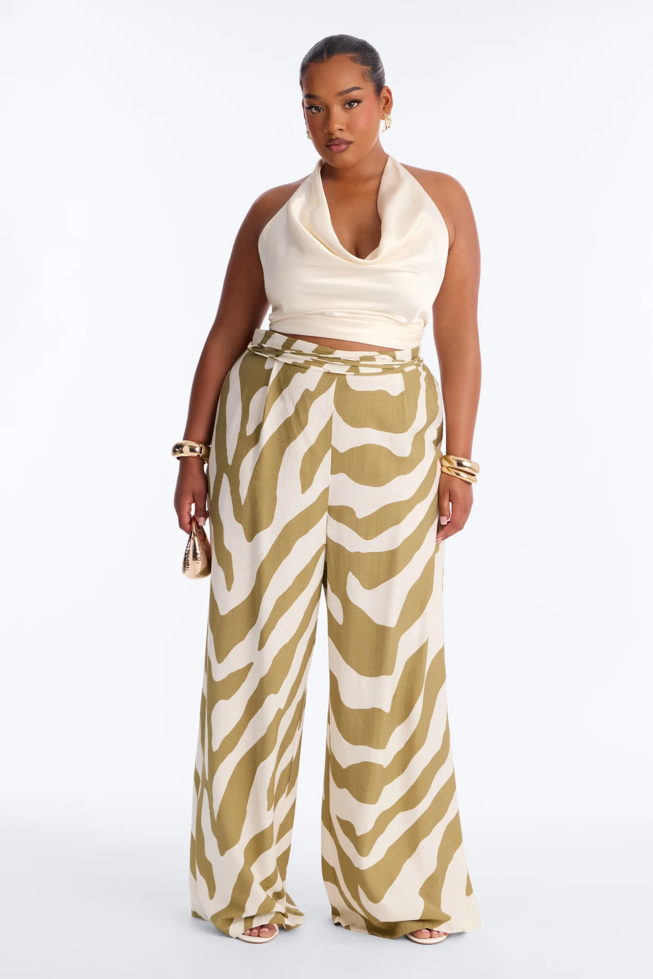 Belle High Waisted Belted Wide Leg Pant - Green/combo - Image 5