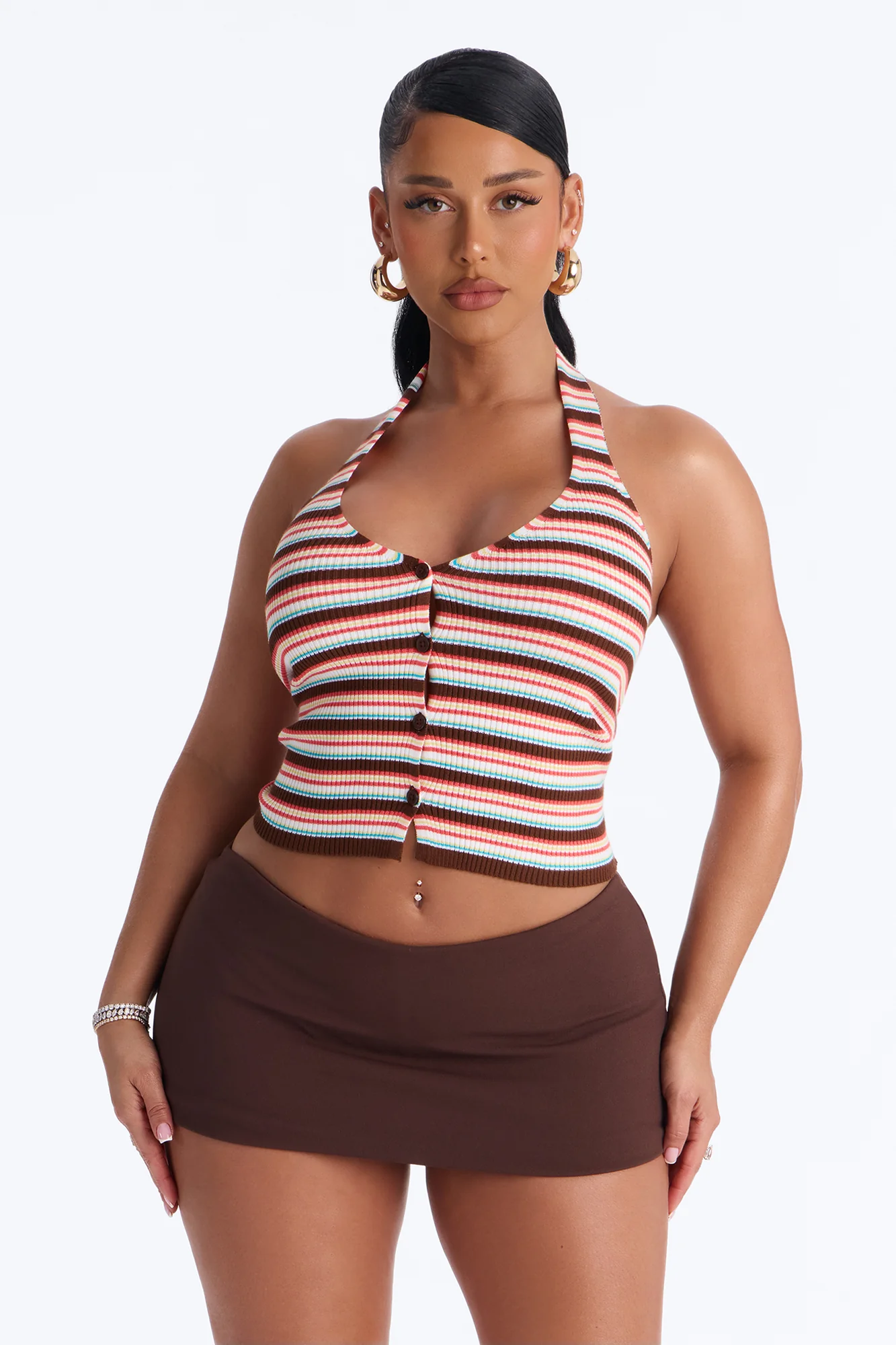 Belle Striped Sweater Halter Top - Brown/combo