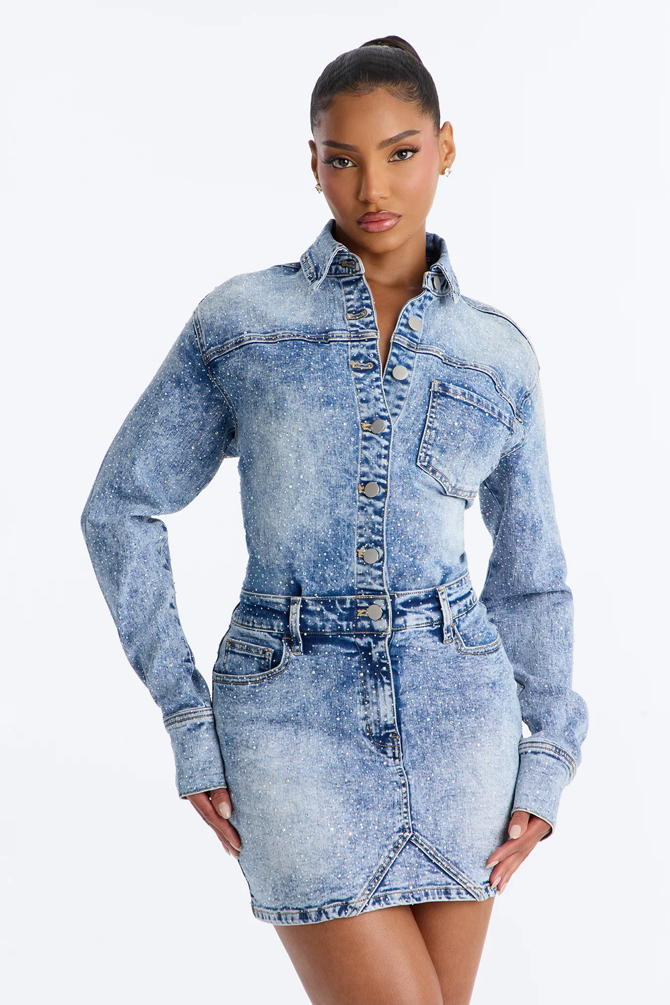 Belleville Rhinestone Denim Mini Dress - Light Blue Wash