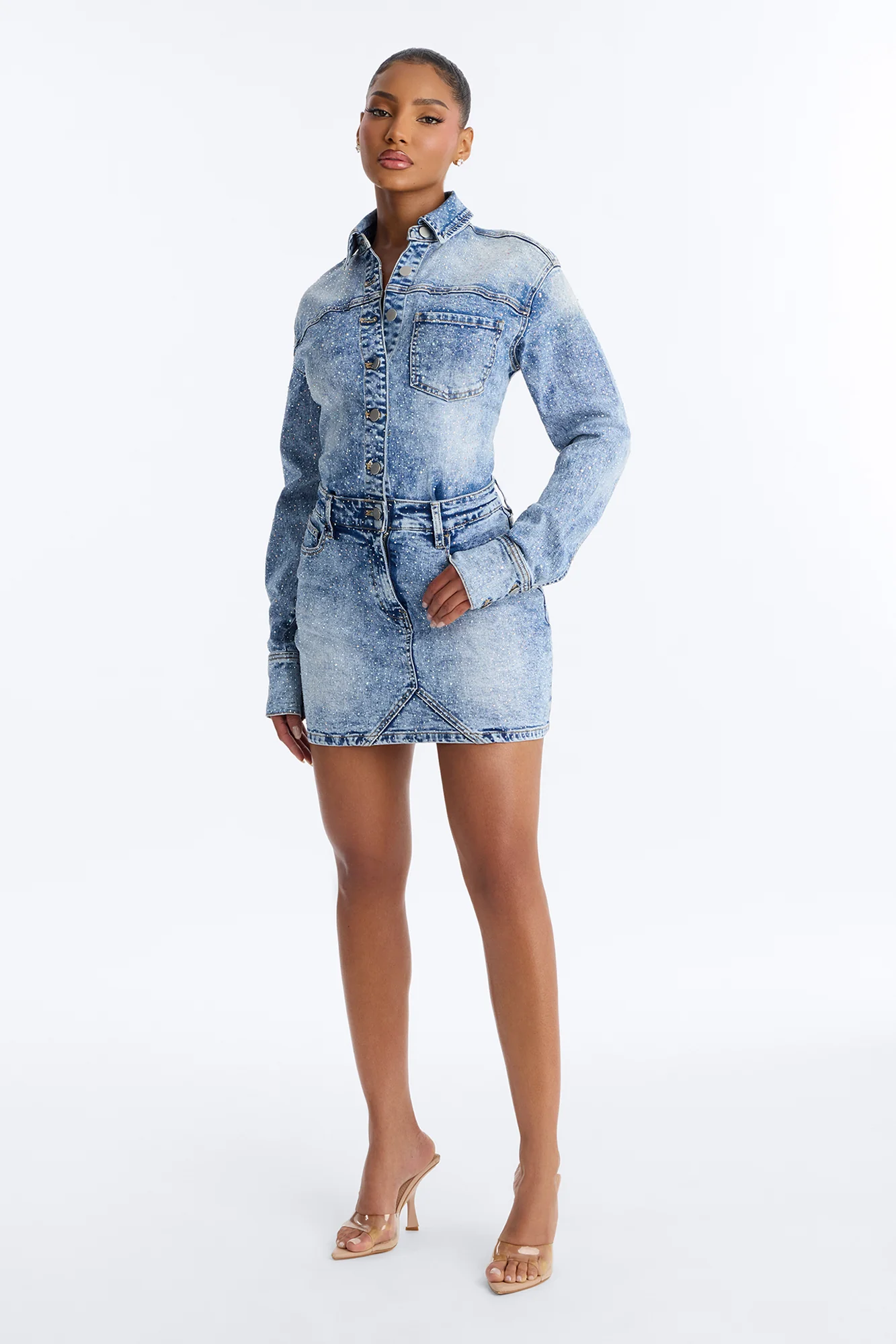 Belleville Rhinestone Denim Mini Dress - Light Blue Wash - Image 2
