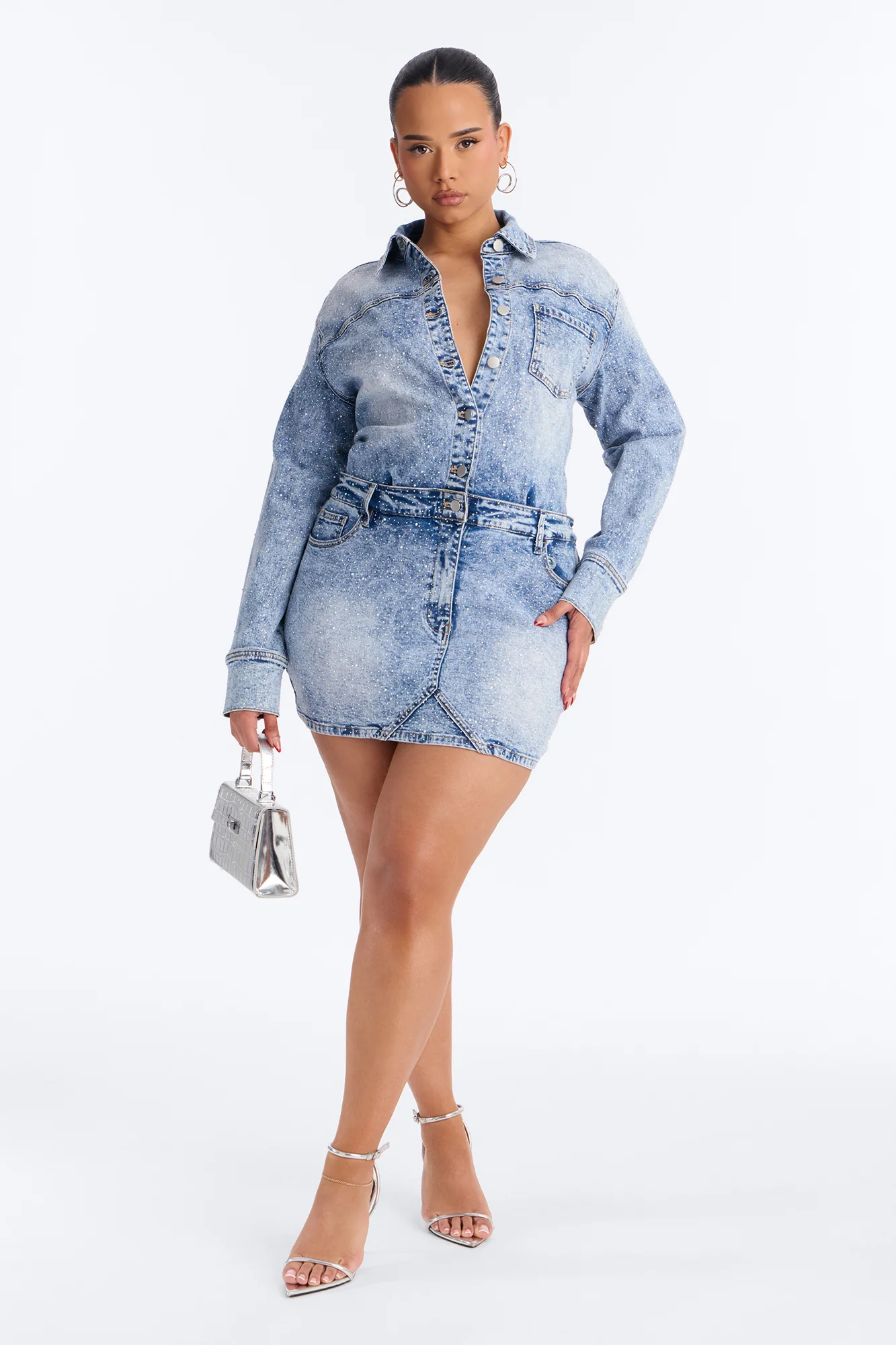 Belleville Rhinestone Denim Mini Dress - Light Blue Wash - Image 5
