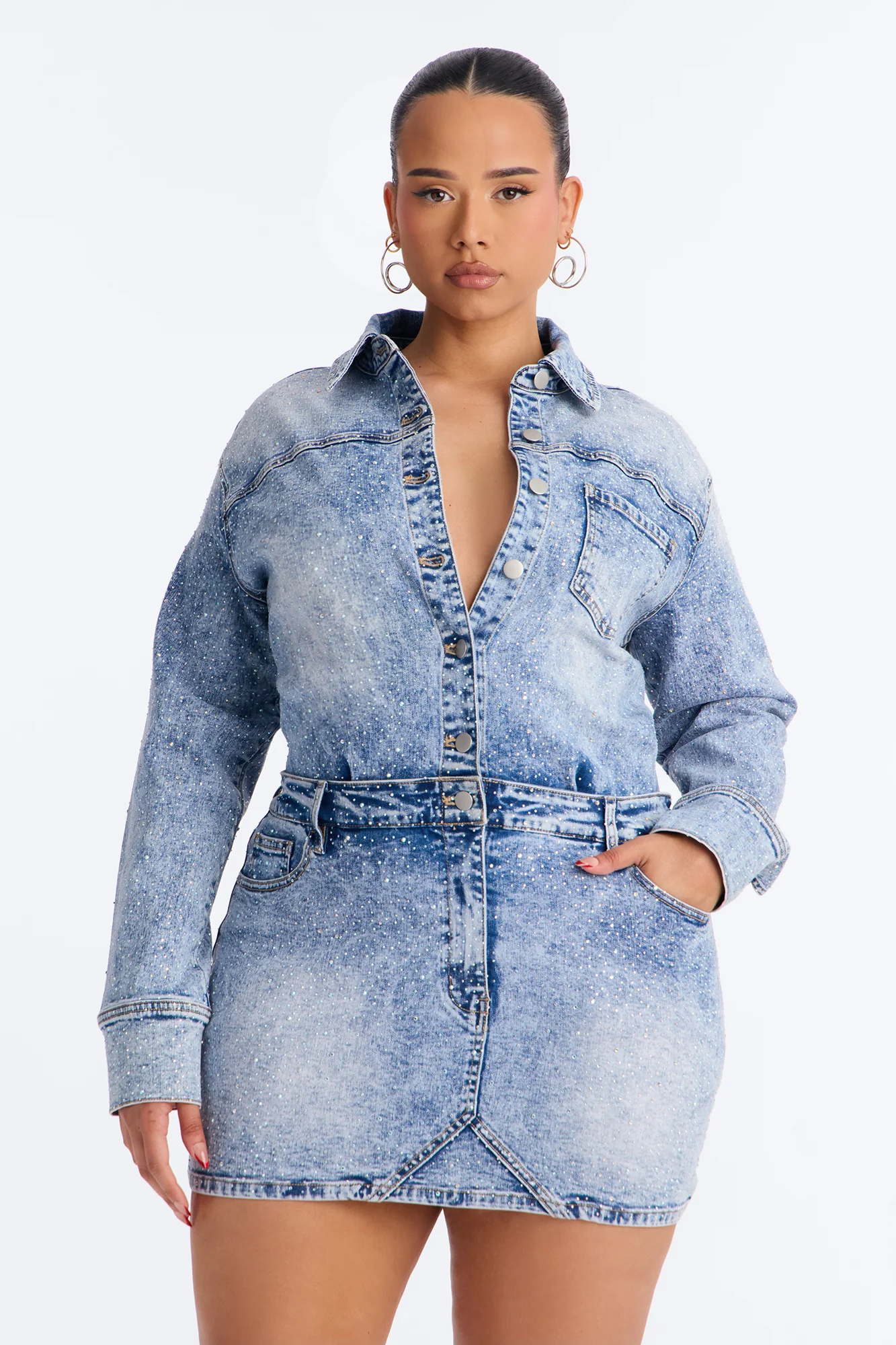 Belleville Rhinestone Denim Mini Dress - Light Blue Wash - Image 6