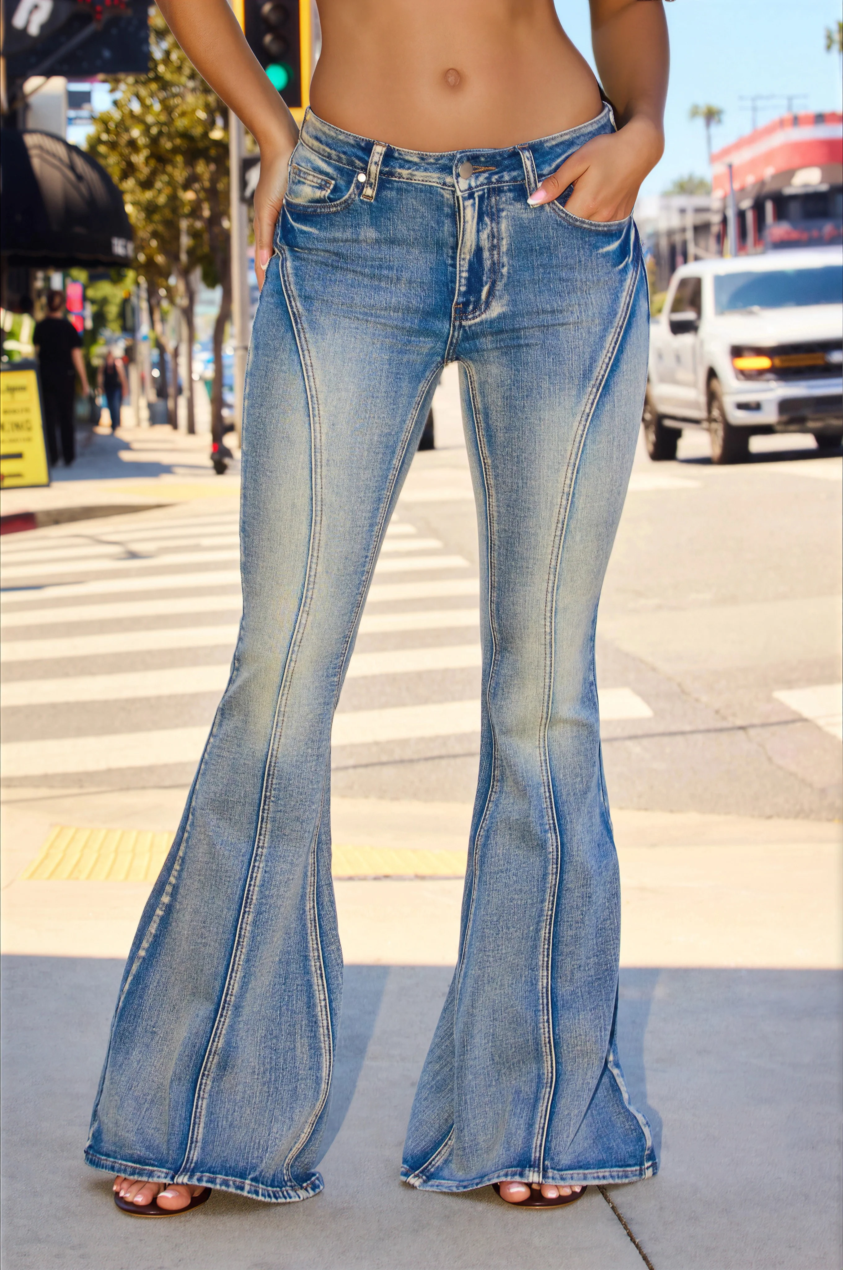 Below the Belt Tinted Bell Bottom Jeans - Light Wash - Image 2