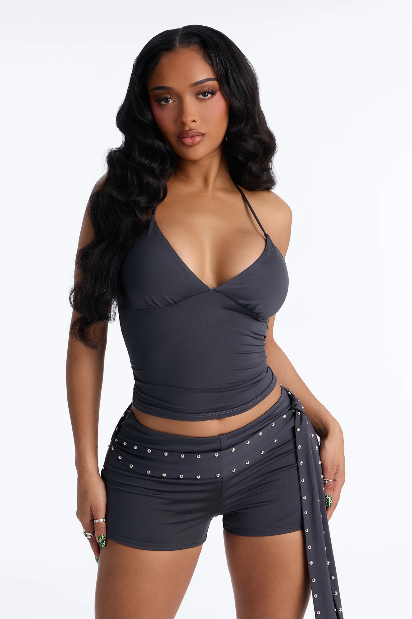 Belted Babe Micro Short Halter Set - Charcoal - Image 2