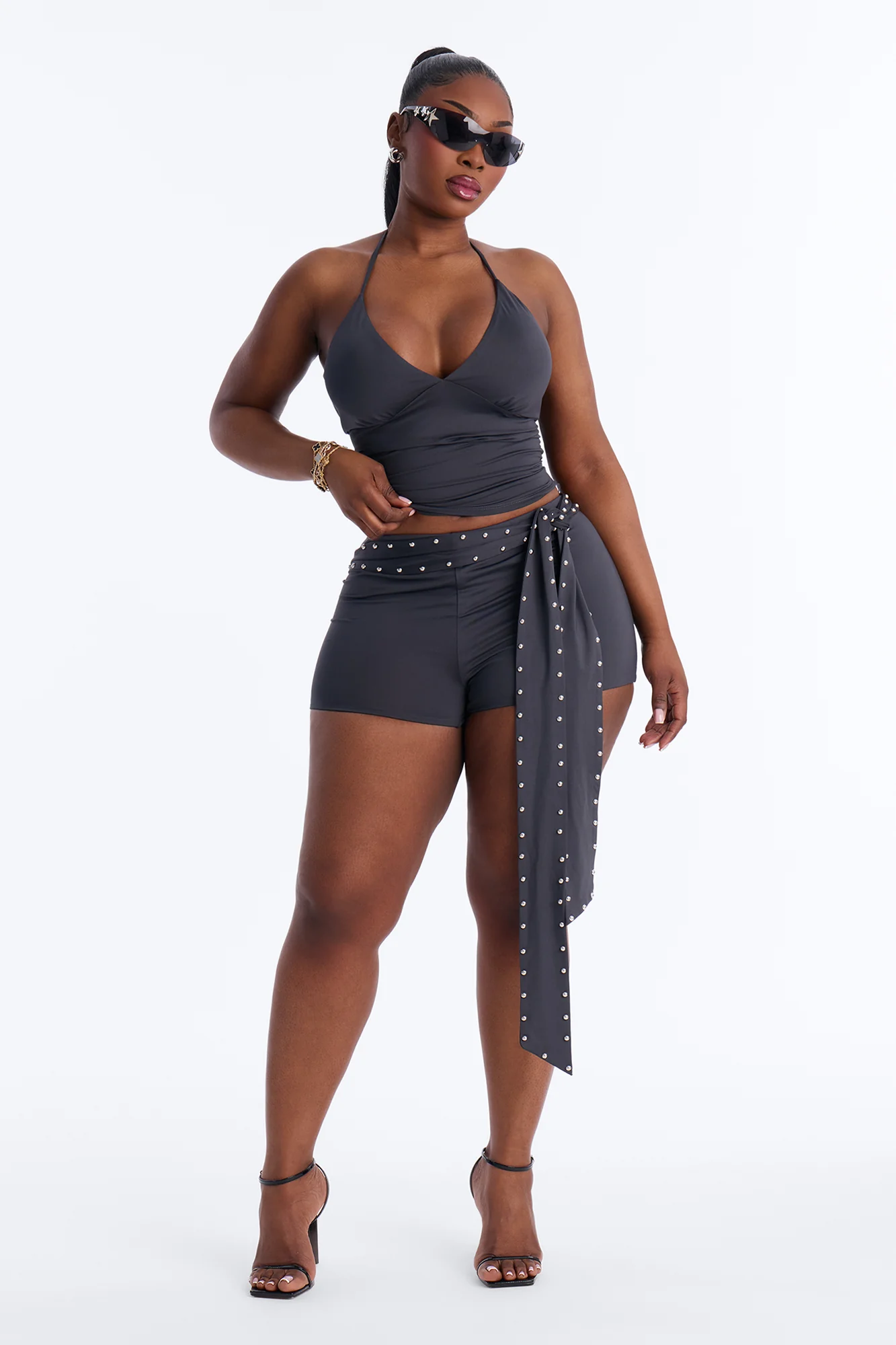 Belted Babe Micro Short Halter Set - Charcoal - Image 5