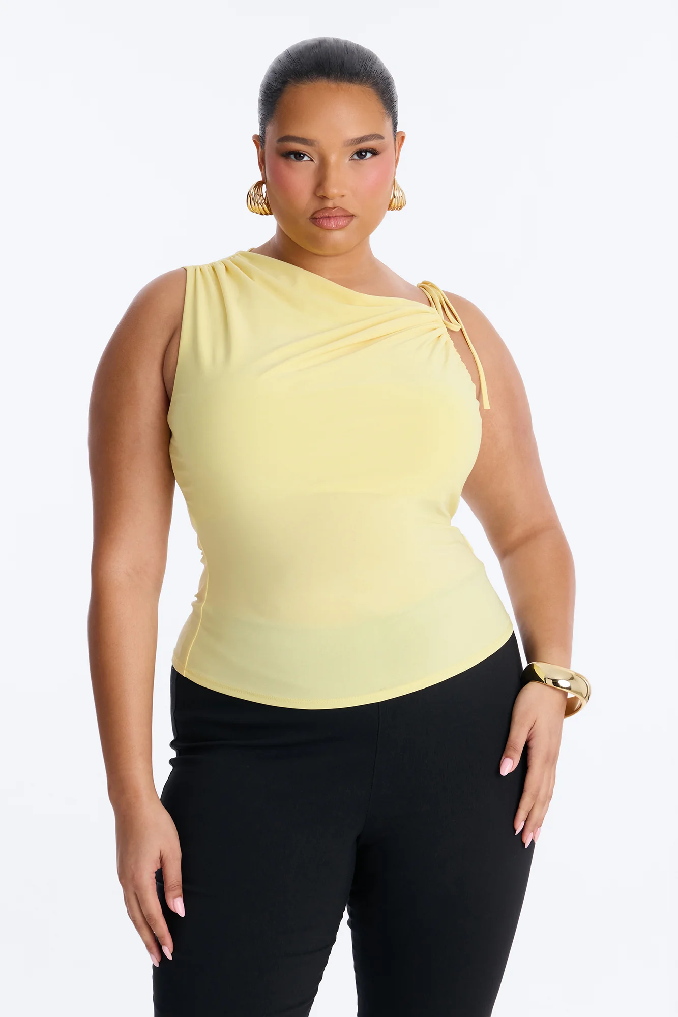 Benny One Shoulder Ruched Tie Strap Top - Butter Yellow - Image 6