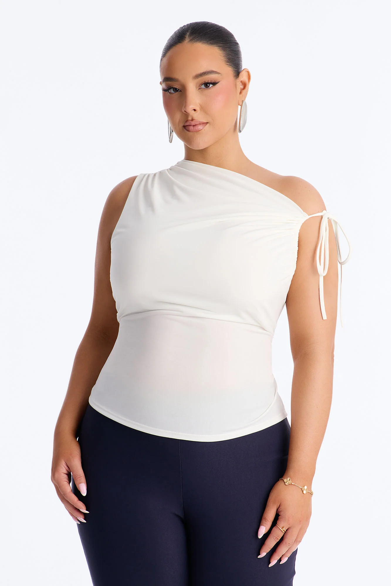 Benny One Shoulder Ruched Tie Strap Top - White - Image 4