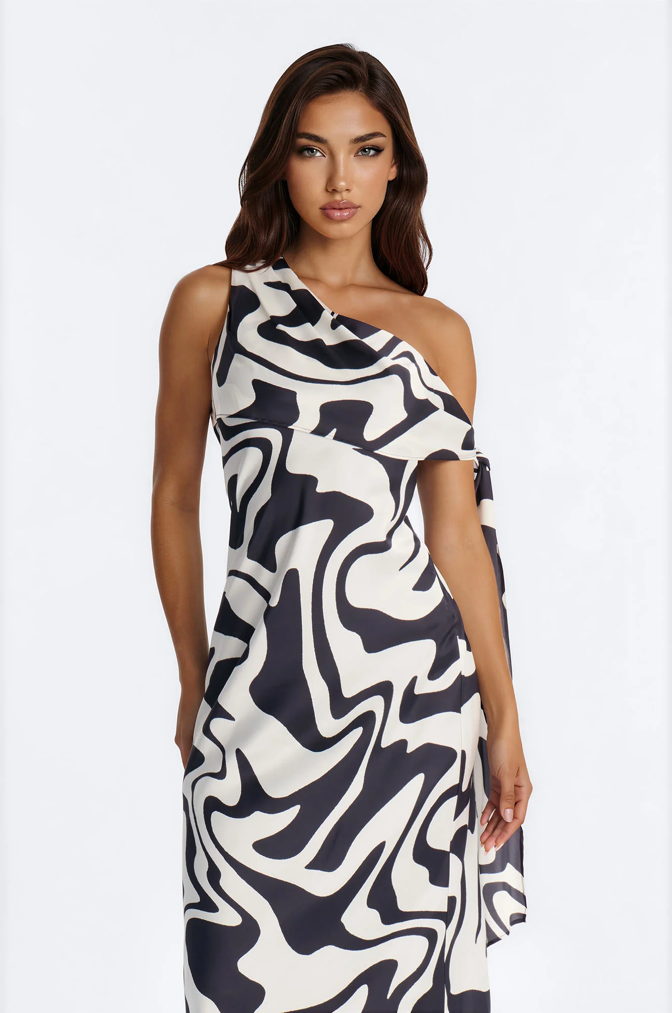 Berlin Printed Satin Off Shoulder Maxi Dress - White/Black - Image 2