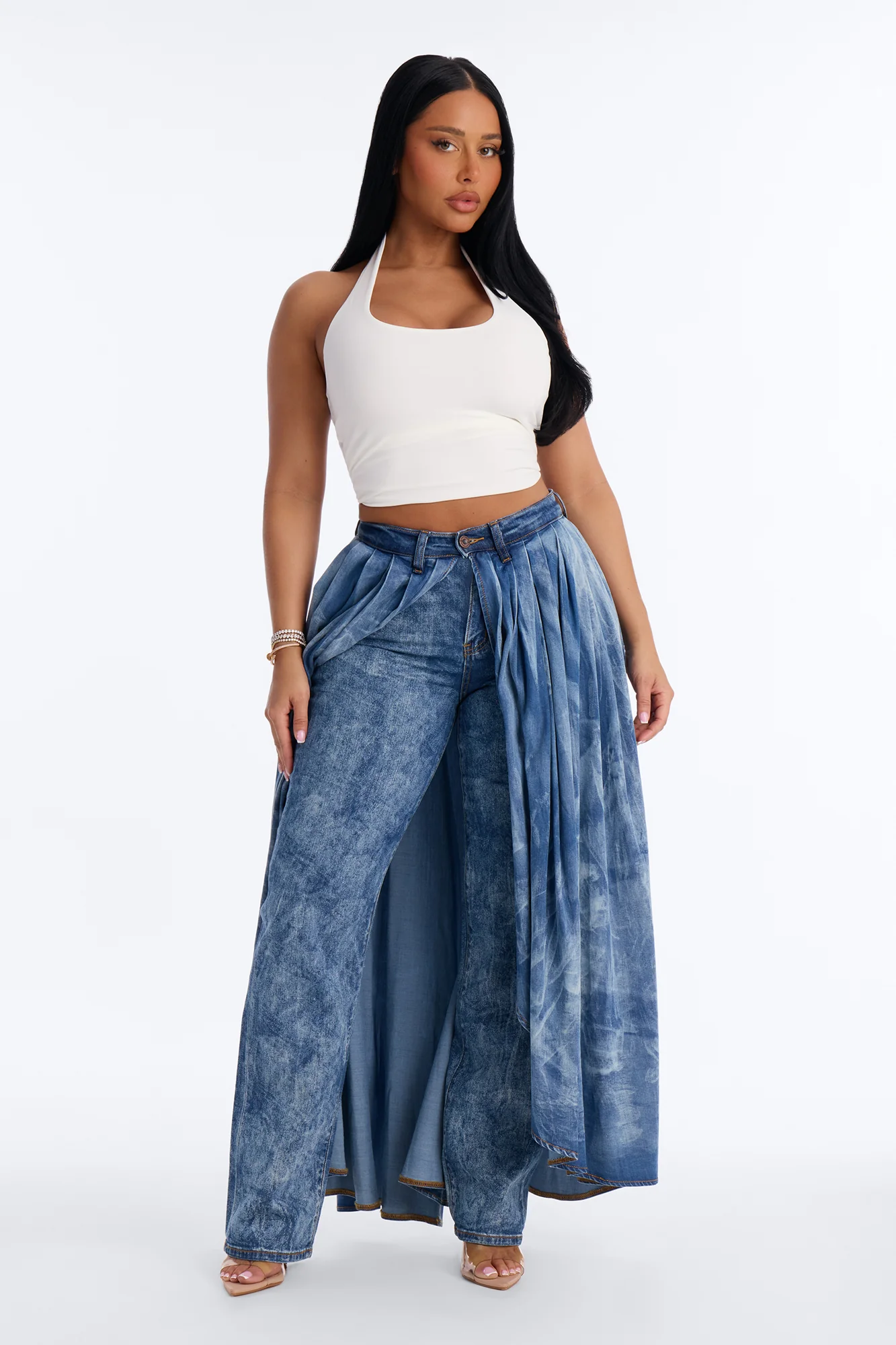 Best Kept Secret Skirt Overlay Straight Leg Jeans - Medium Wash