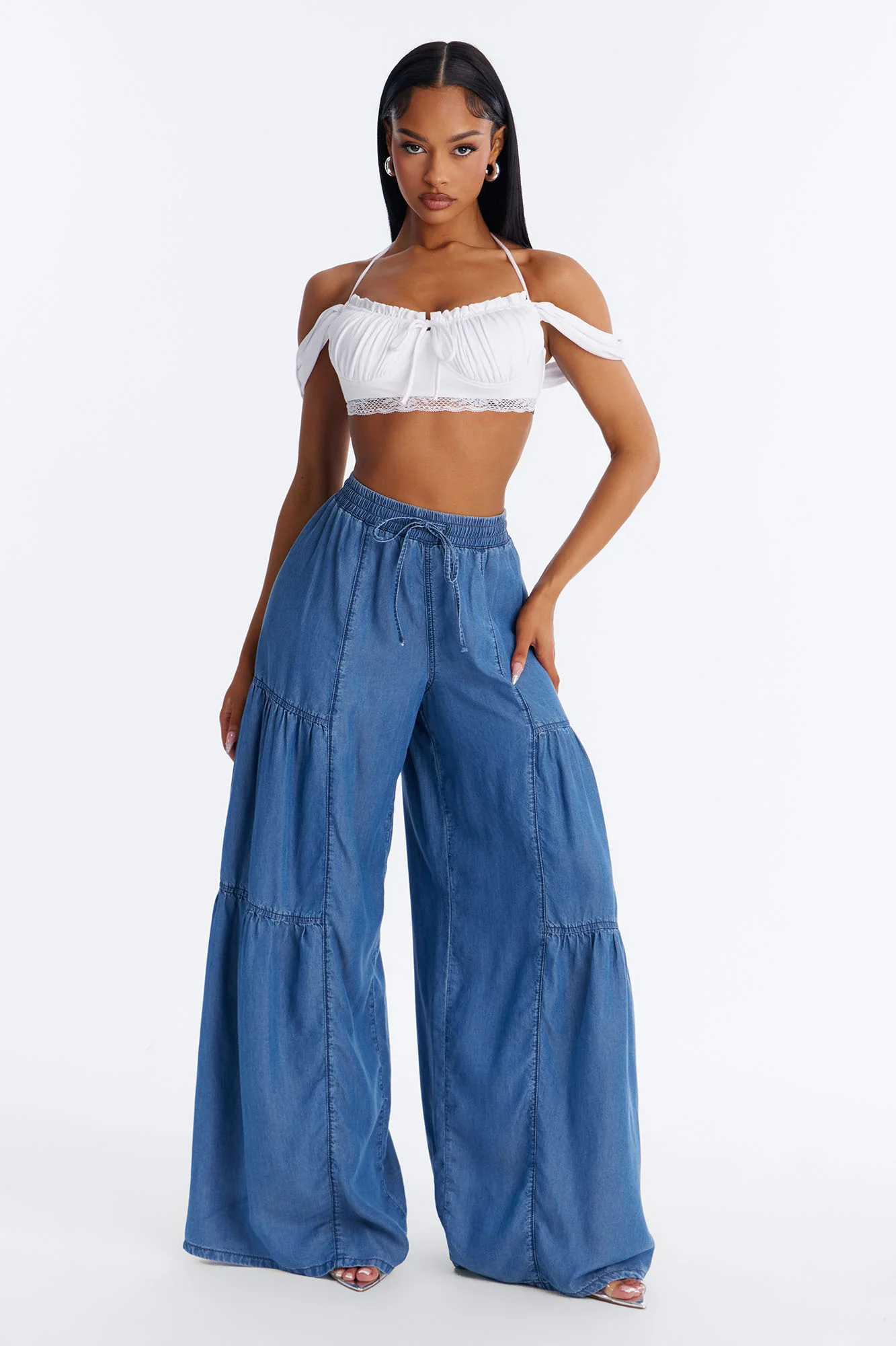 Best View Chambray Tiered Wide Leg Pant 33″ - Medium Wash