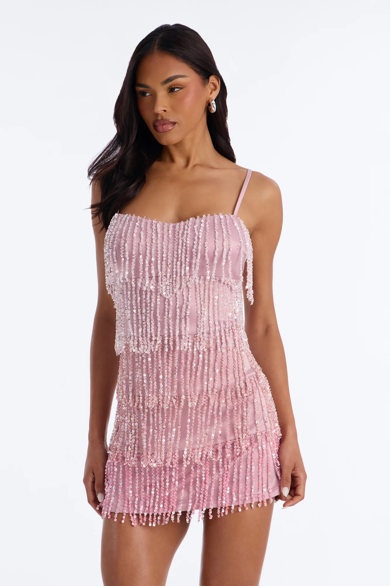 Betsy Sequin Fringe Satin Mini Dress - Mauve