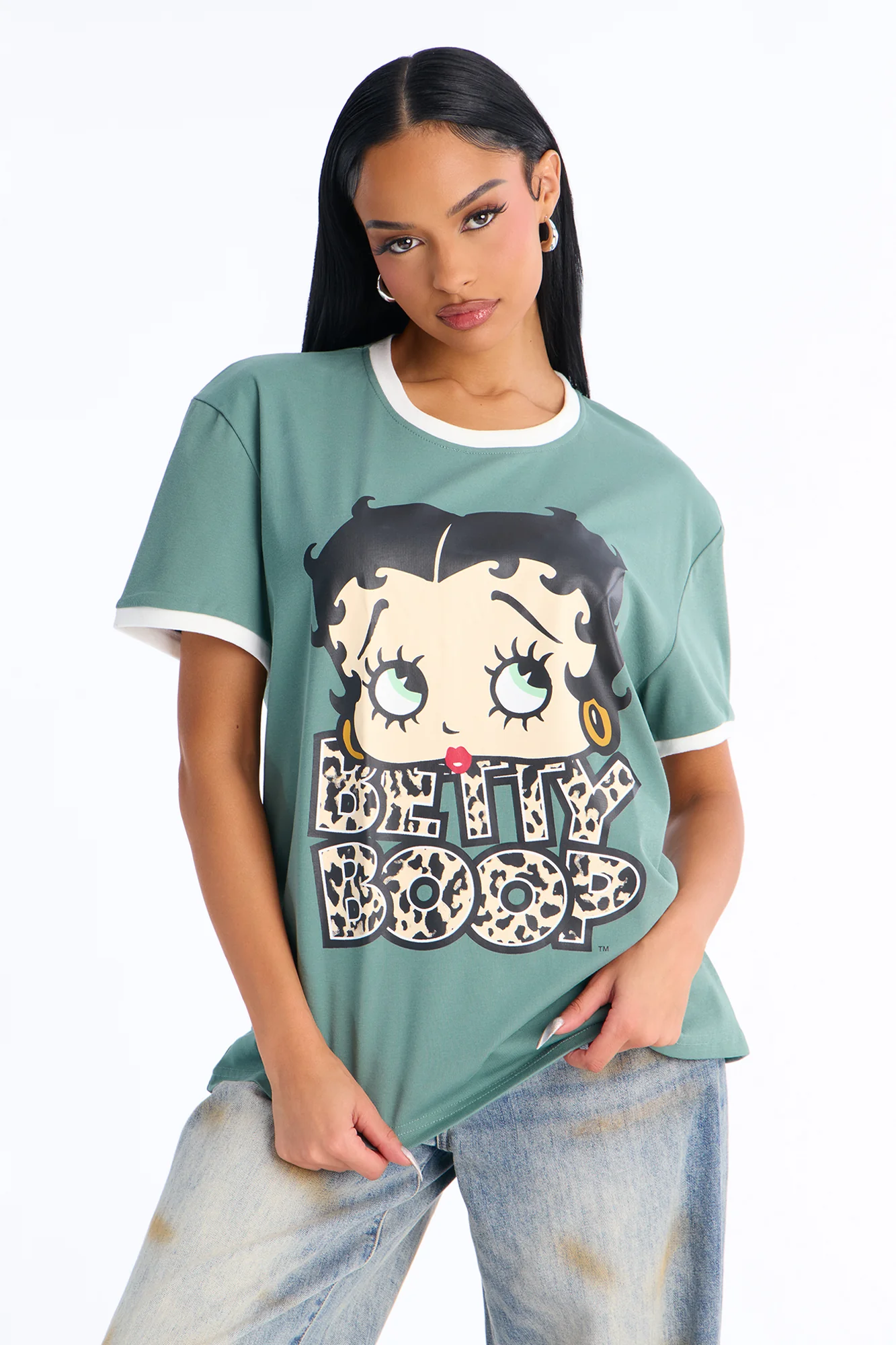 Betty Boop Animal Fill Oversized Ringer Tee - Olive