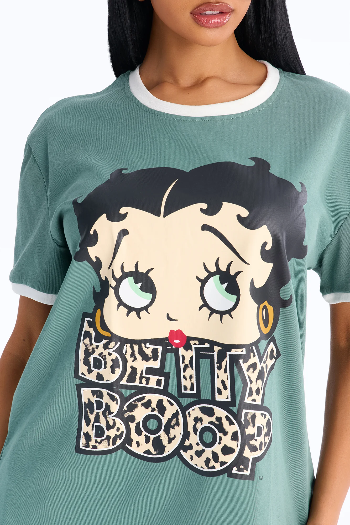Betty Boop Animal Fill Oversized Ringer Tee - Olive - Image 3