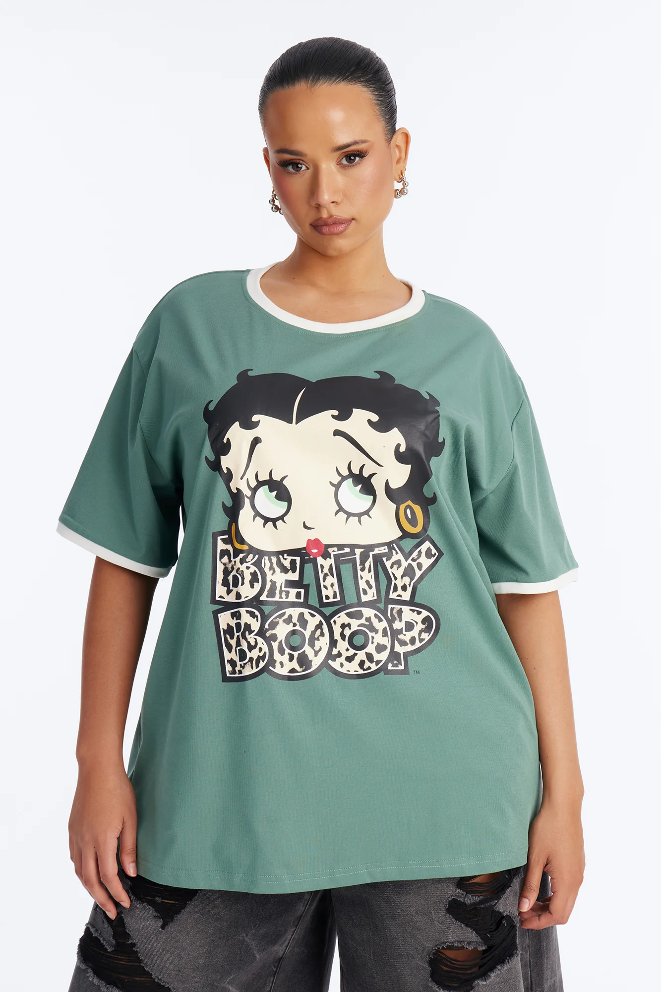 Betty Boop Animal Fill Oversized Ringer Tee - Olive - Image 5