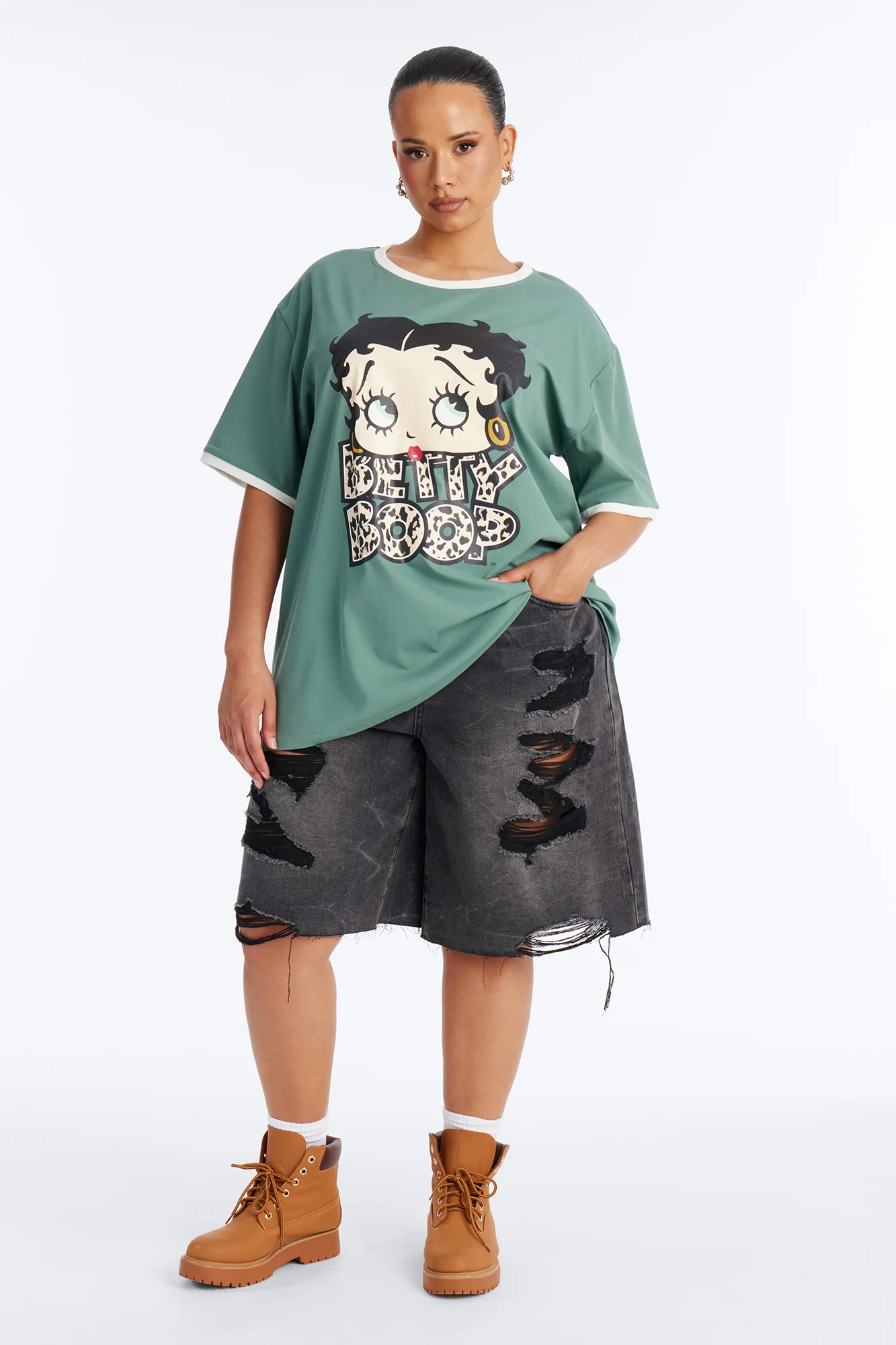 Betty Boop Animal Fill Oversized Ringer Tee - Olive - Image 6