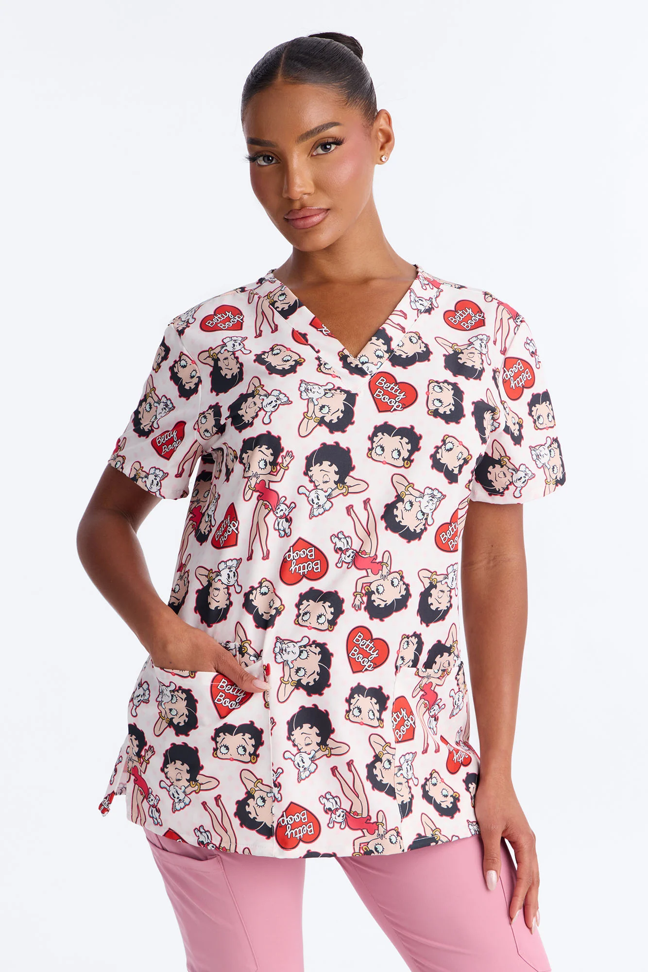Betty Boop Polka Dot V Neck Scrub Top - Pink/combo