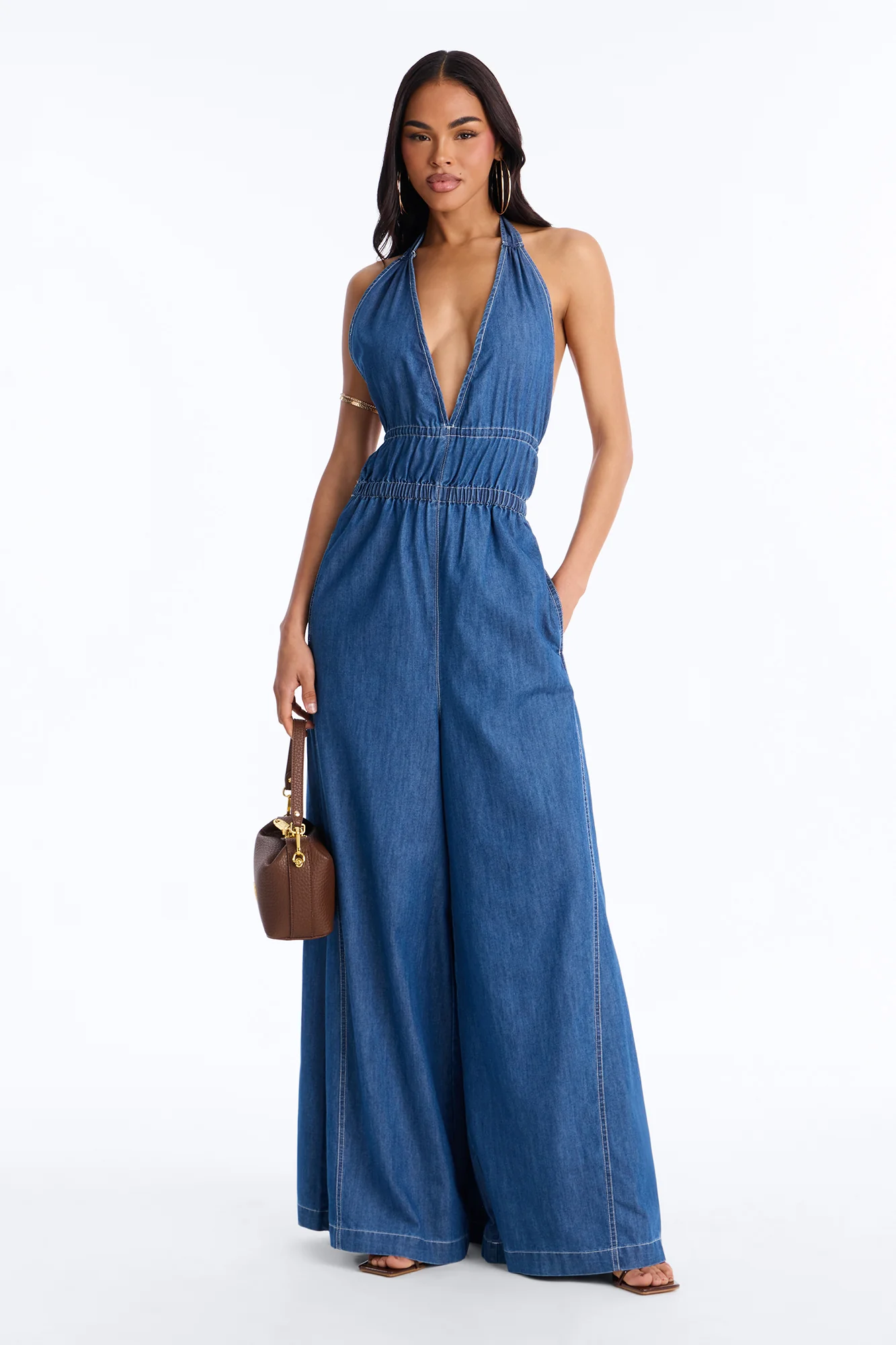 Bianca Backless Wide Leg Denim Jumpsuit - Medium Wash