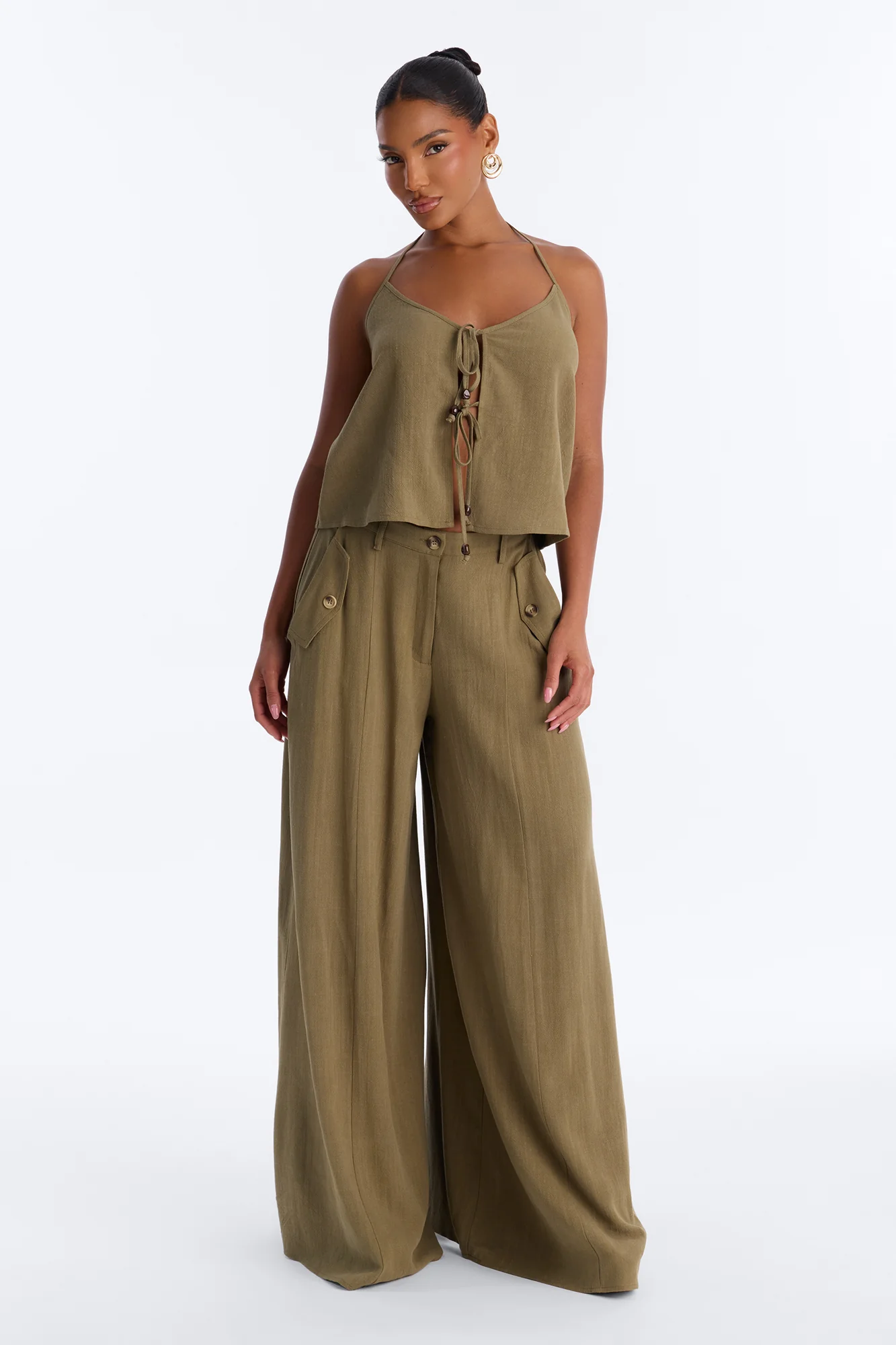 Bianca Linen Tie Halter Pant Set - Olive