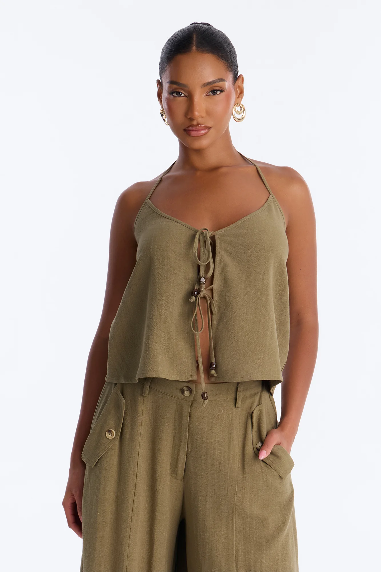 Bianca Linen Tie Halter Pant Set - Olive - Image 2