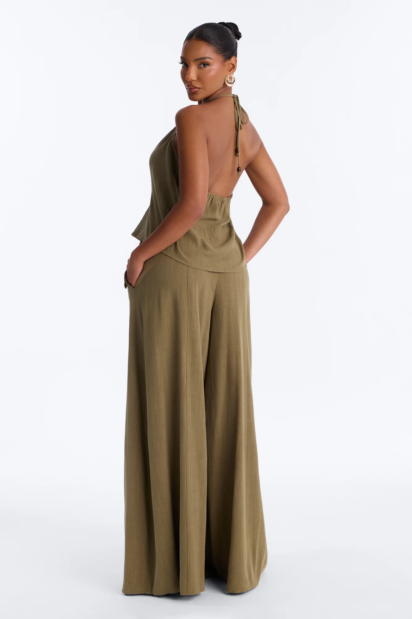 Bianca Linen Tie Halter Pant Set - Olive - Image 4