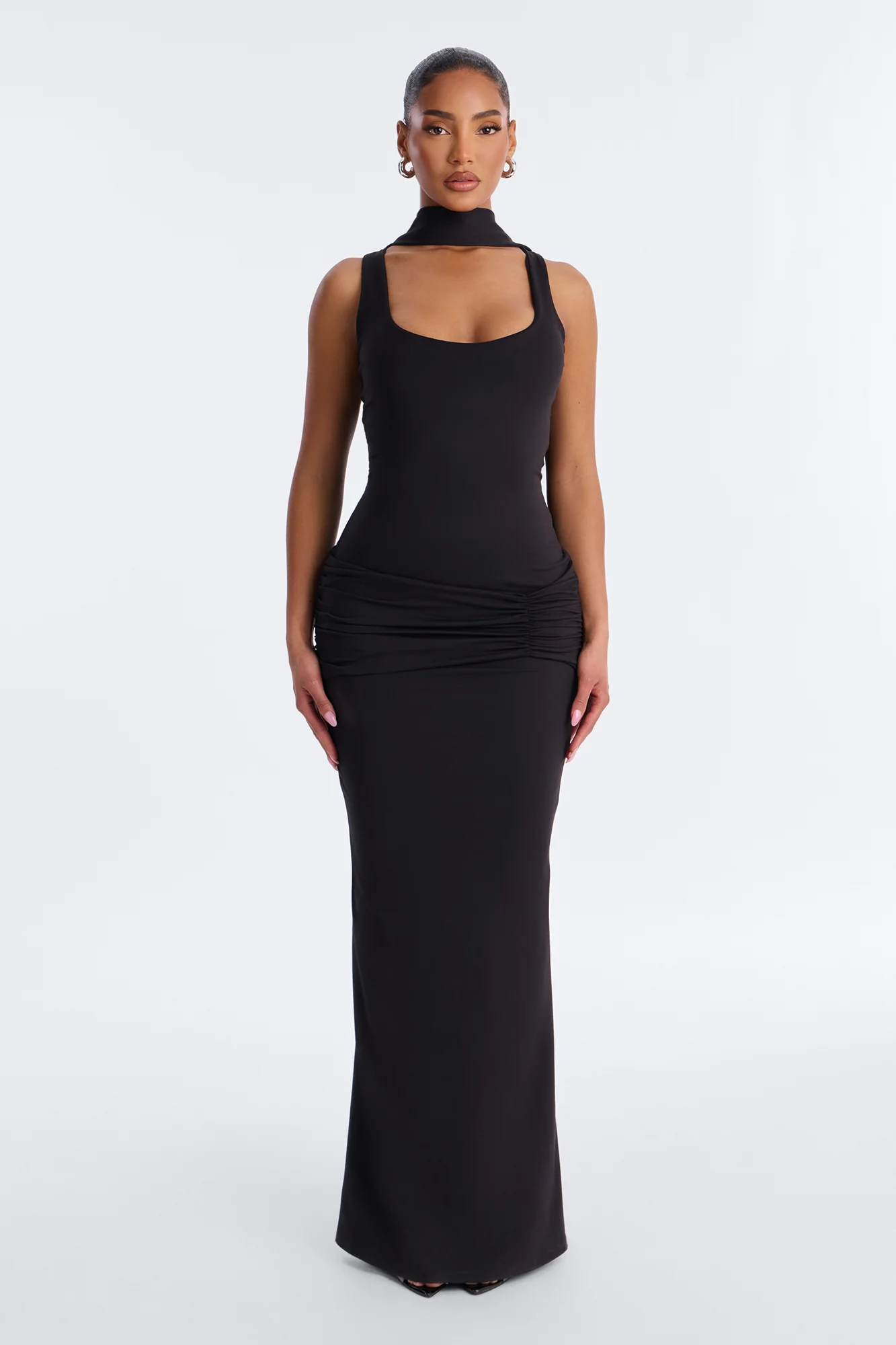 Bianca Matte Form Double Lined Neck Scarf Maxi Dress - Black