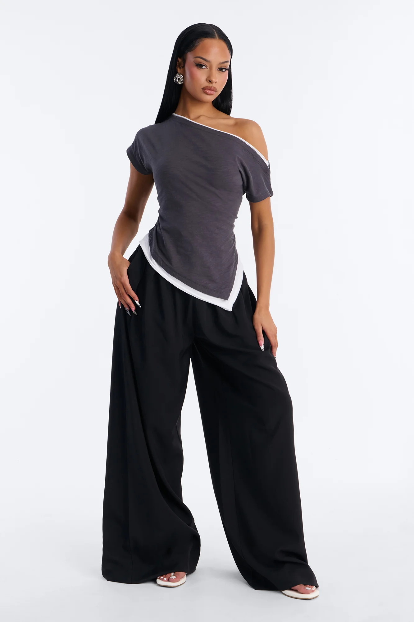 Bianca Off Shoulder Asymmetrical Layered Short Sleeve Top - Grey/combo - Image 2