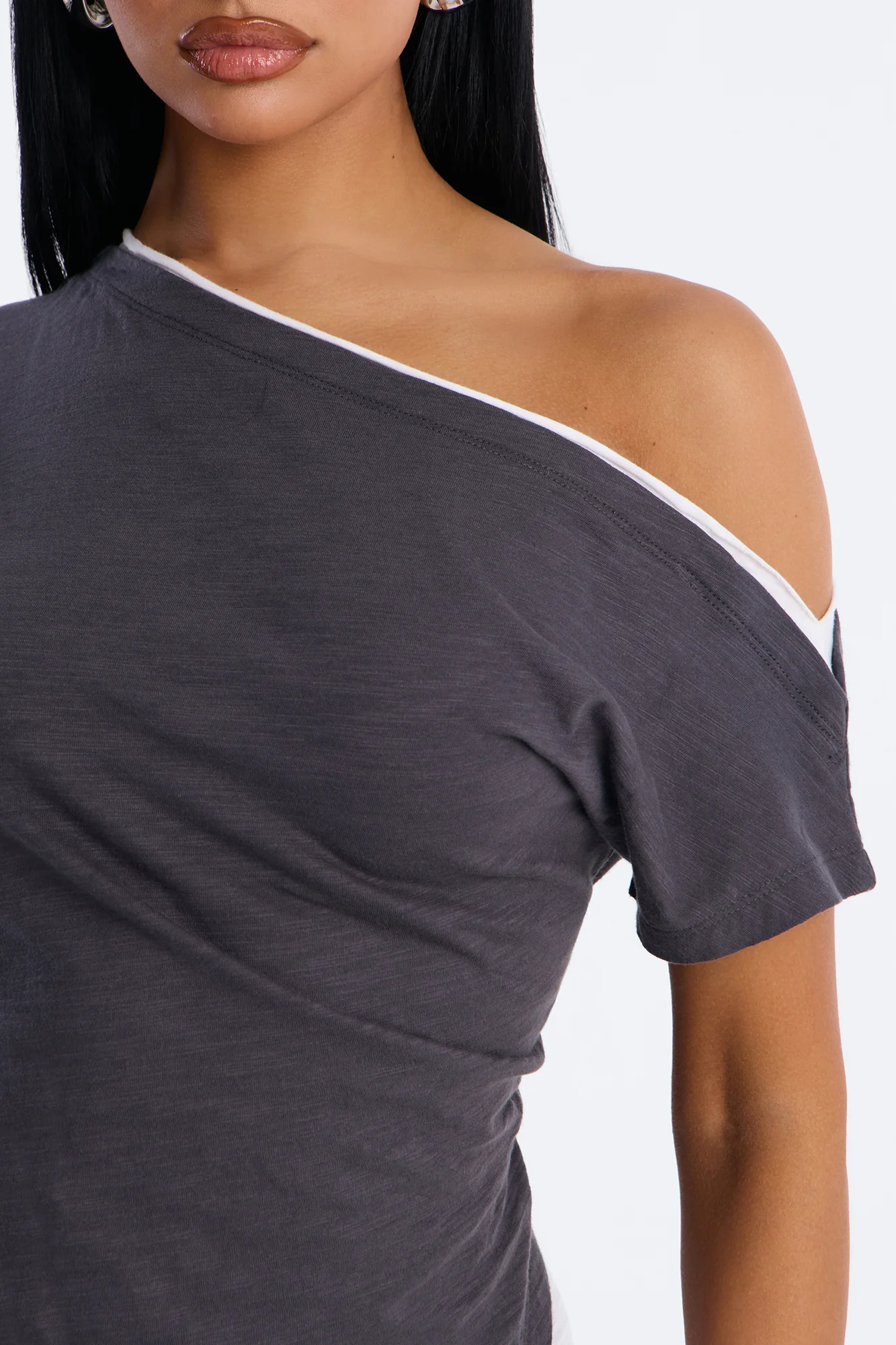 Bianca Off Shoulder Asymmetrical Layered Short Sleeve Top - Grey/combo - Image 3