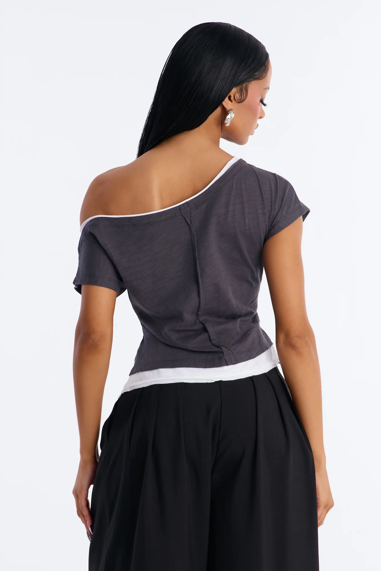 Bianca Off Shoulder Asymmetrical Layered Short Sleeve Top - Grey/combo - Image 4