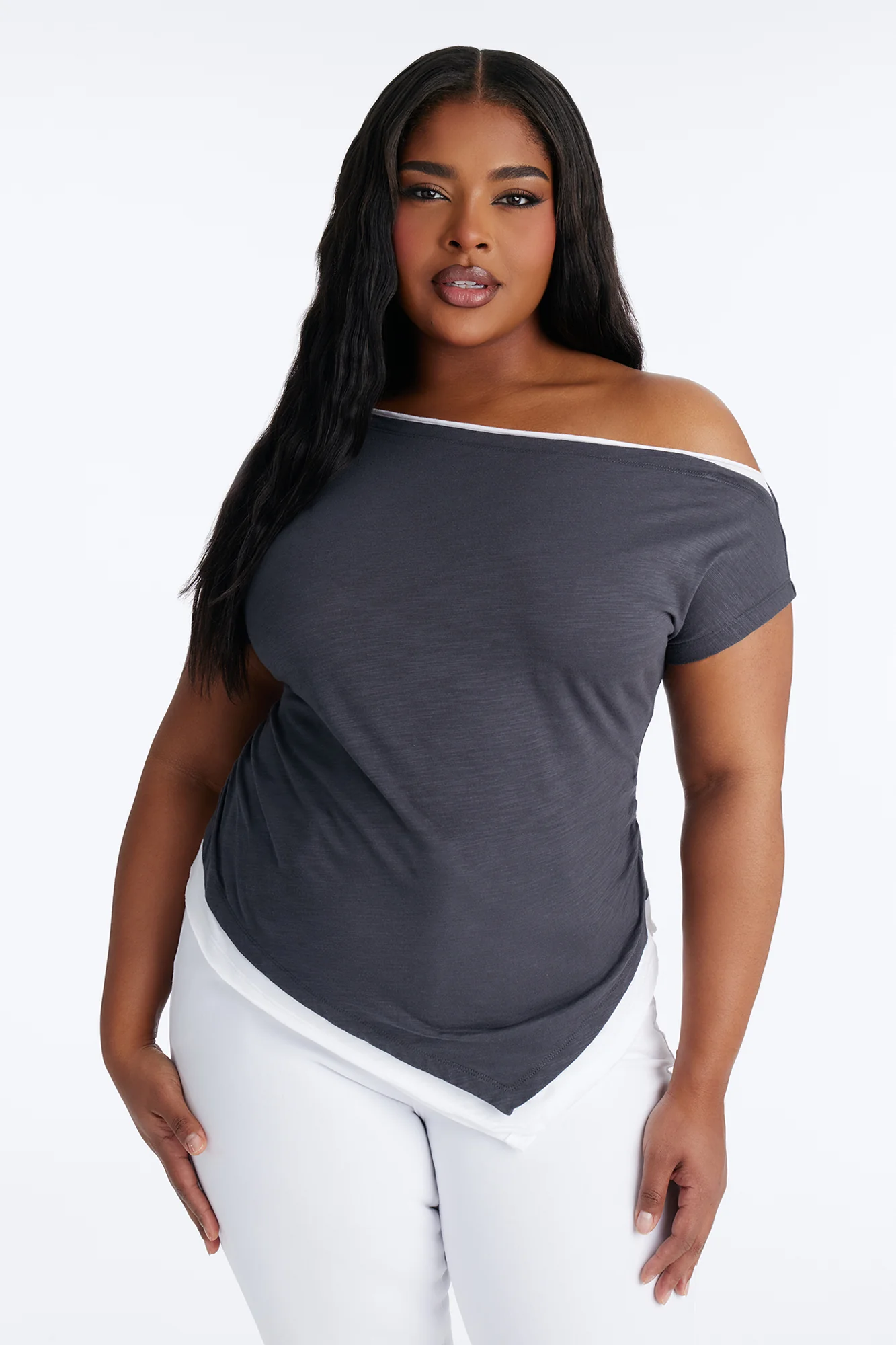 Bianca Off Shoulder Asymmetrical Layered Short Sleeve Top - Grey/combo - Image 5