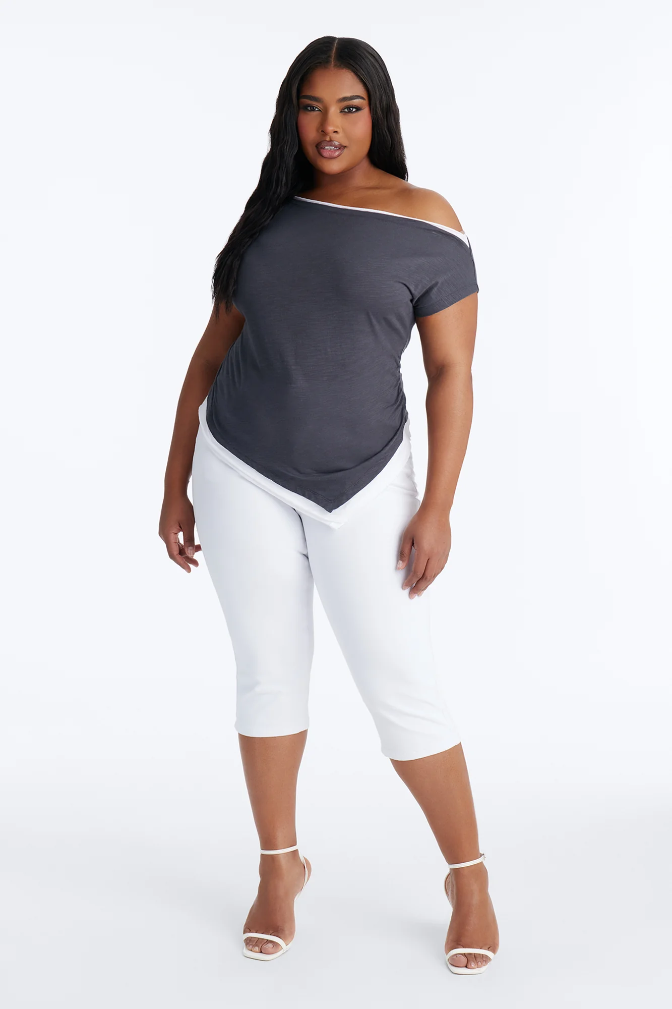 Bianca Off Shoulder Asymmetrical Layered Short Sleeve Top - Grey/combo - Image 6