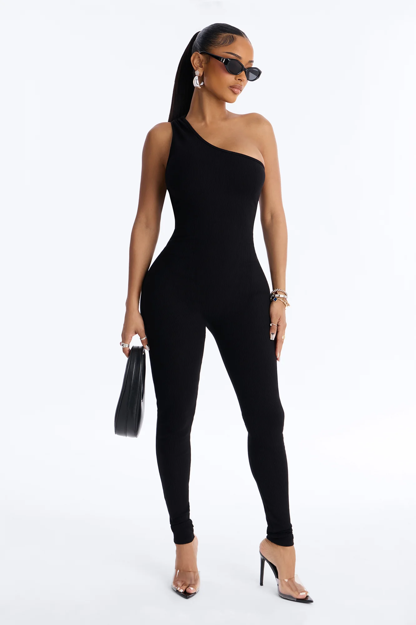 Bianca One Shoulder Snatched Skinny Jumpsuit - Black