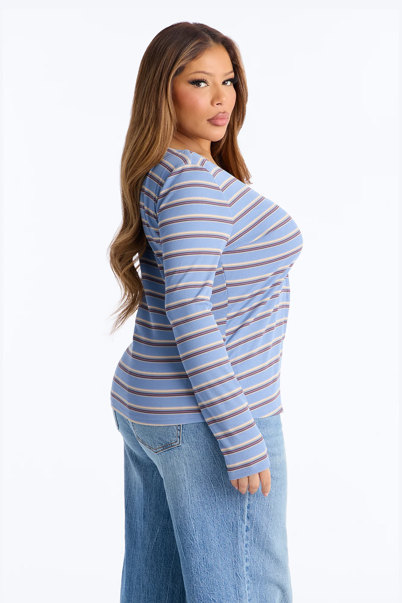 Blaire Striped Ribbed Flyaway Long Sleeve Top - Blue/combo - Image 6