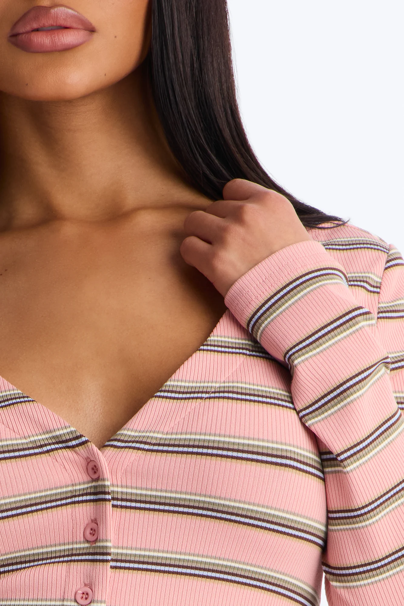 Blaire Striped Ribbed Flyaway Long Sleeve Top - Pink/combo - Image 3