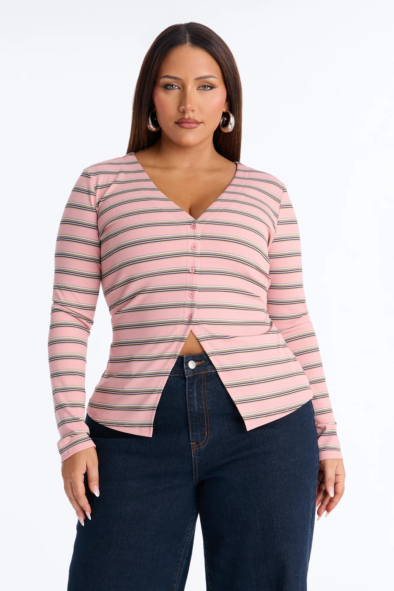 Blaire Striped Ribbed Flyaway Long Sleeve Top - Pink/combo - Image 5