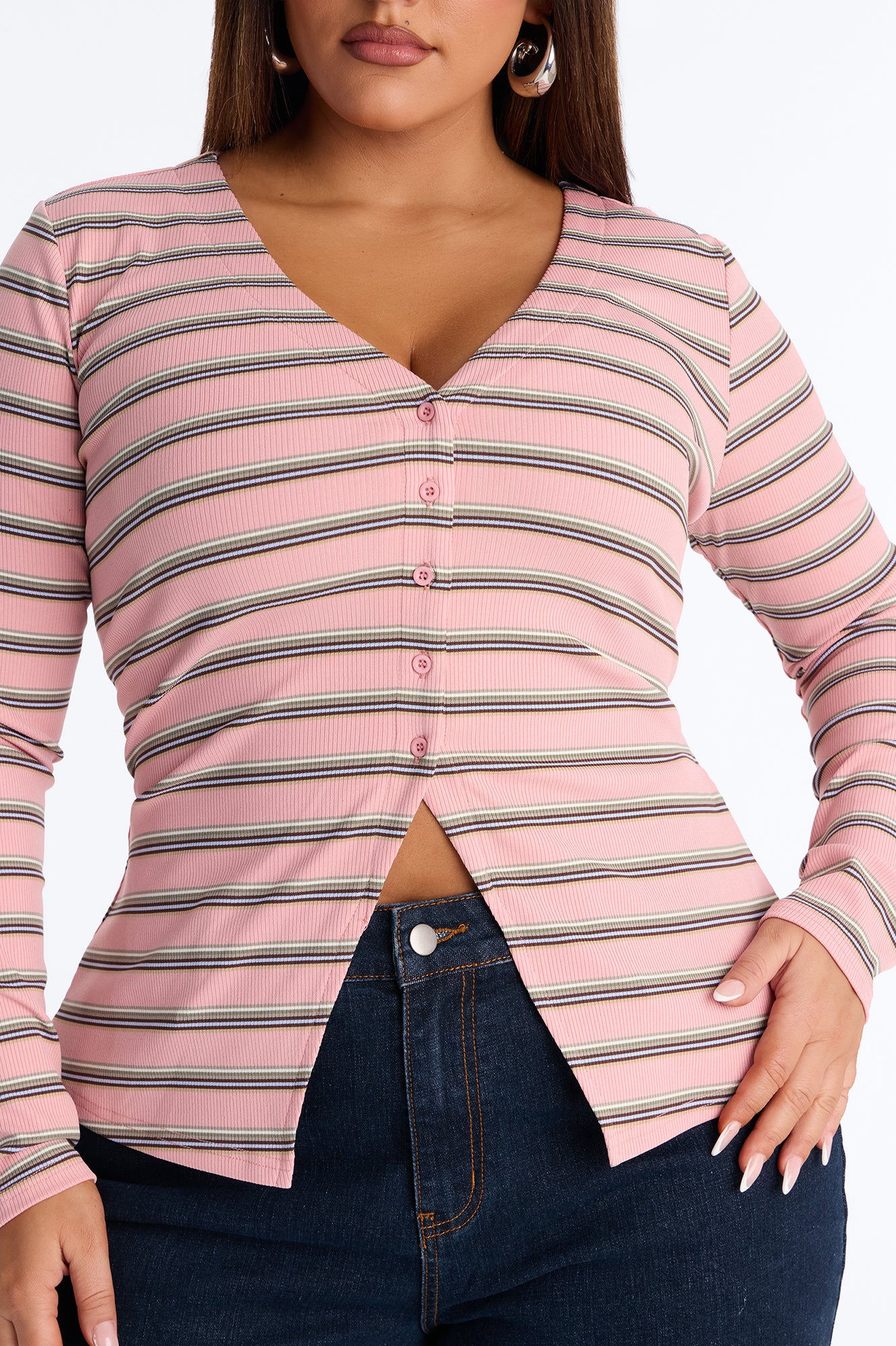 Blaire Striped Ribbed Flyaway Long Sleeve Top - Pink/combo - Image 7