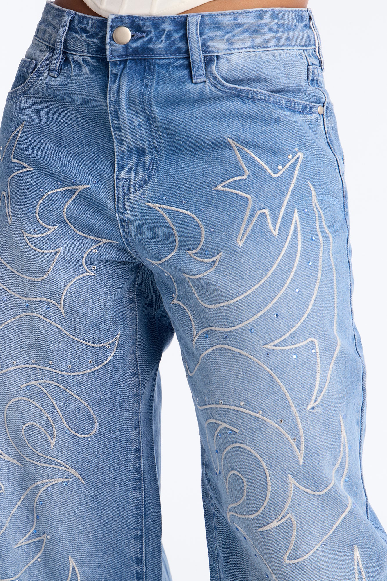 Blazin' Embellished Wide Leg Jeans - Light Wash - Image 3