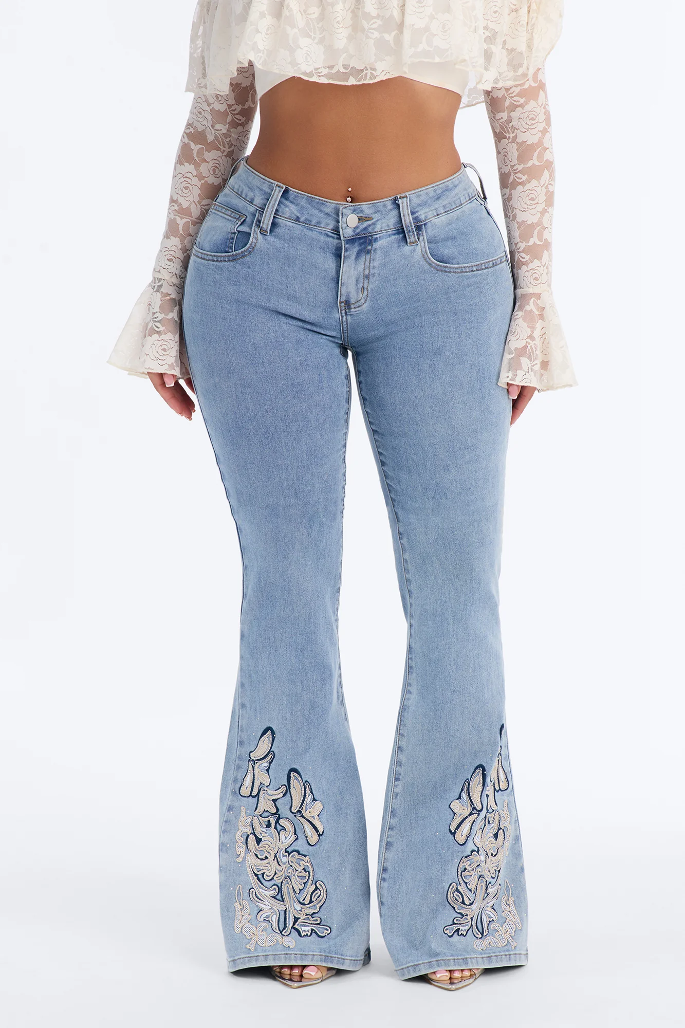 Bless You Low Rise Embroidered Flare Jeans - Medium Wash - Image 2