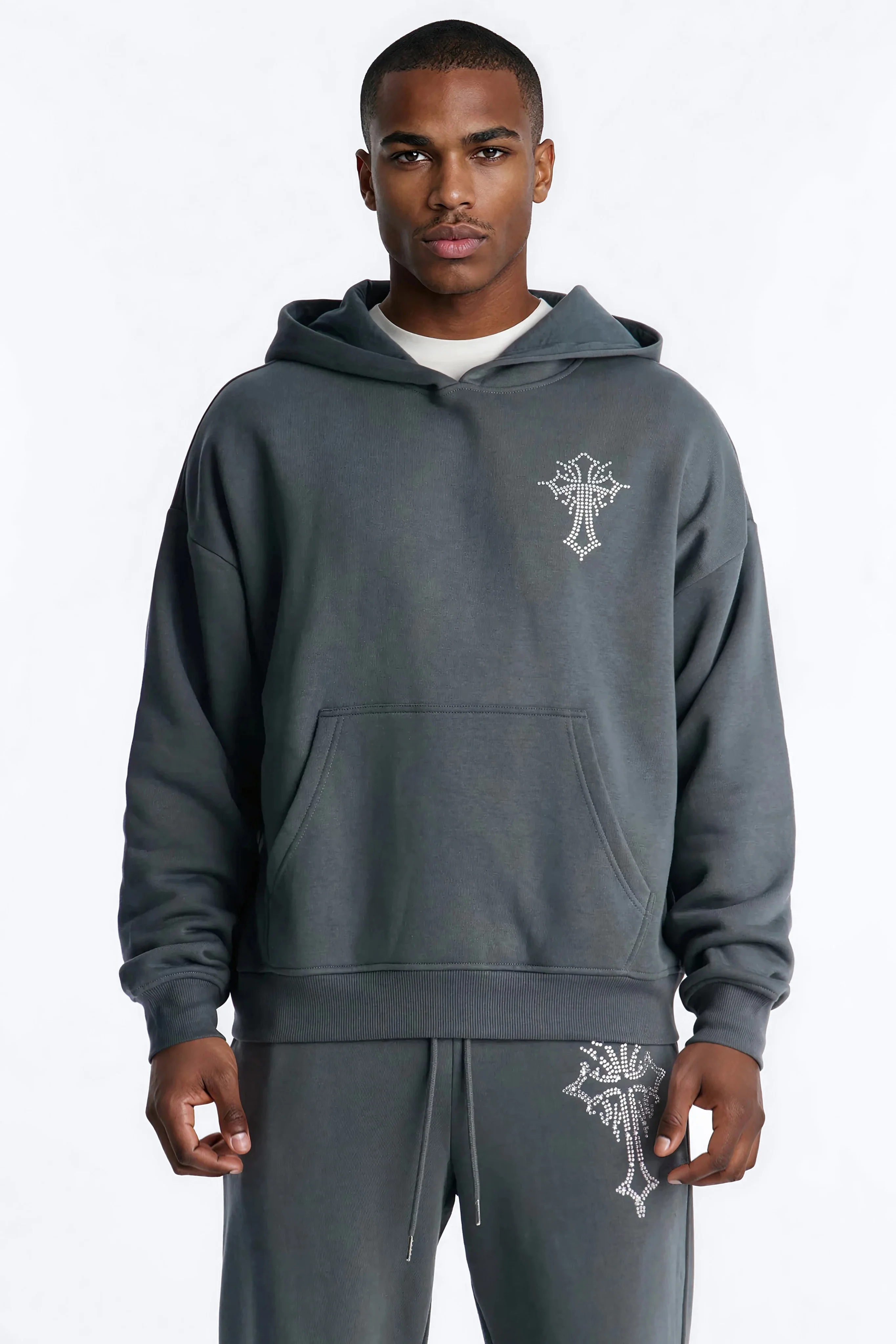 Blessed Rhinestone Pearl Oversized Hoodie - Charcoal
