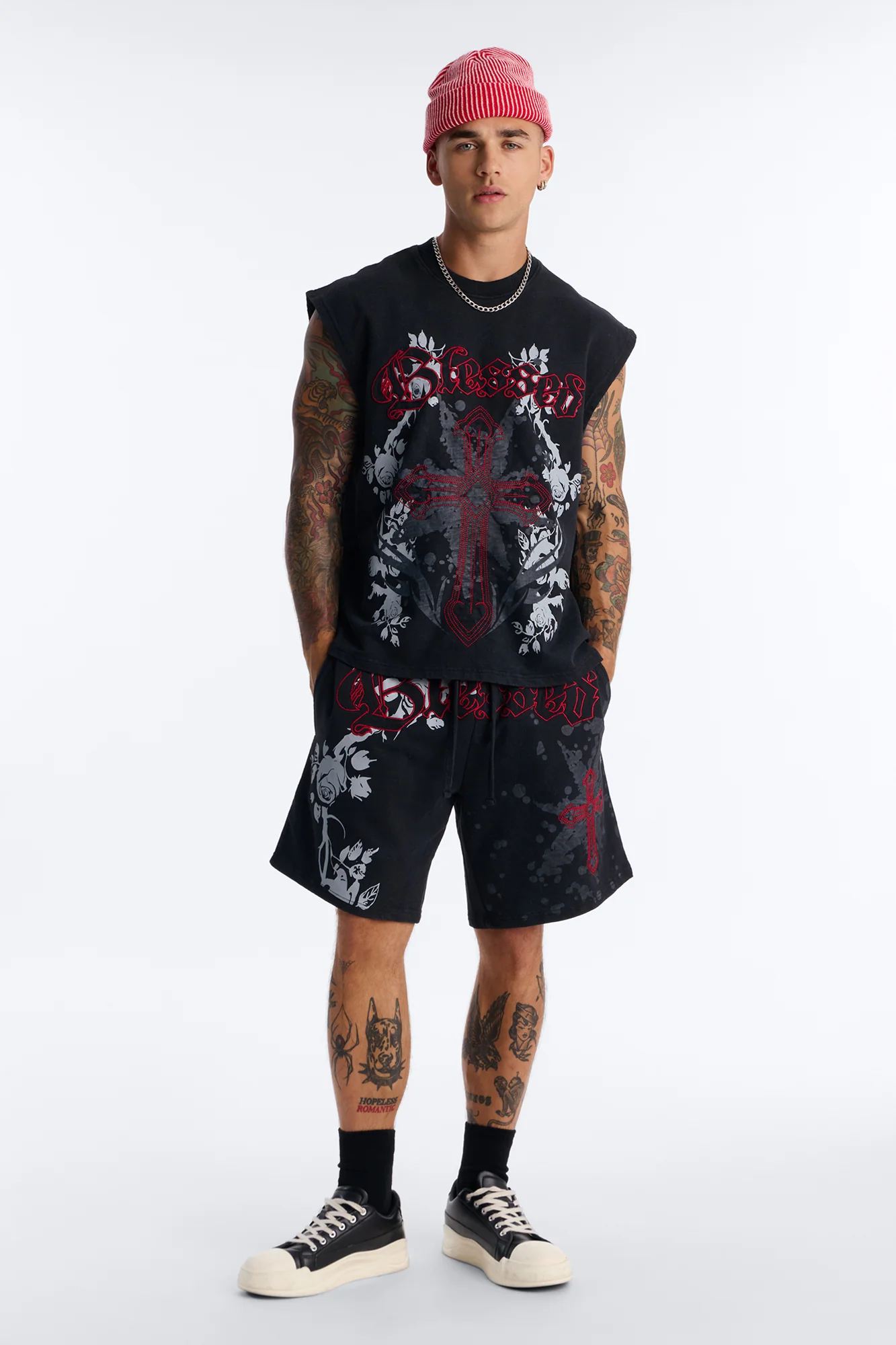Blessed Roses Embroidered Patch Relaxed Sweatshort - Black Wash - Image 2