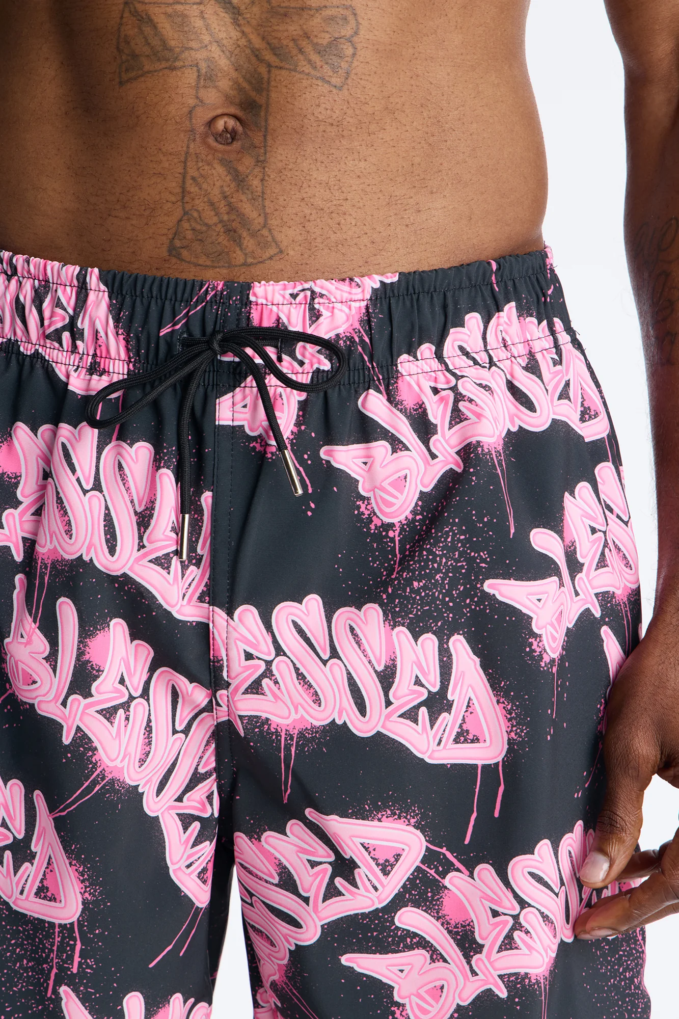 Blessed Street Graffiti Printed Swim Trunk 7″ - Black/Pink - Image 3