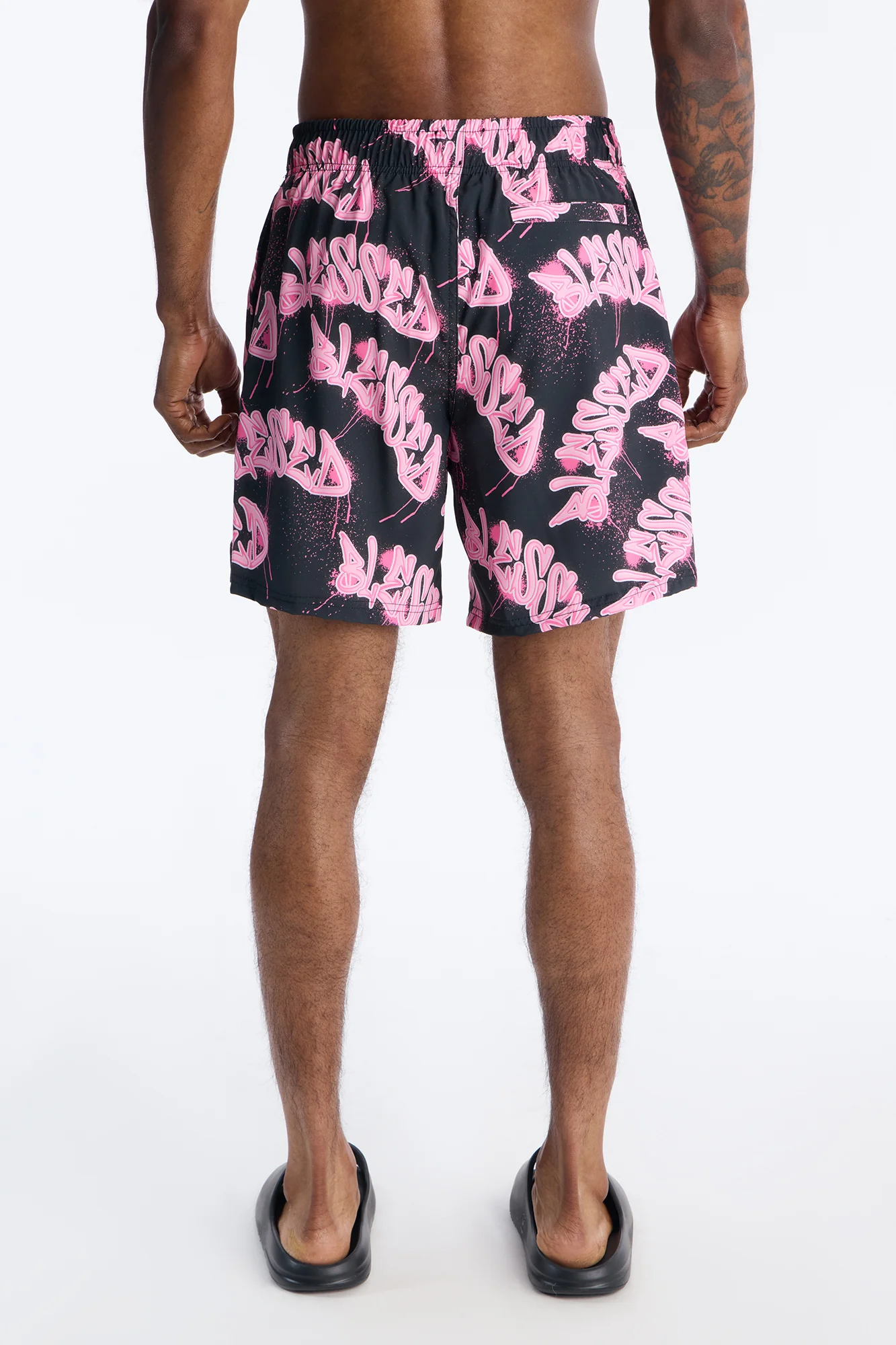 Blessed Street Graffiti Printed Swim Trunk 7″ - Black/Pink - Image 5