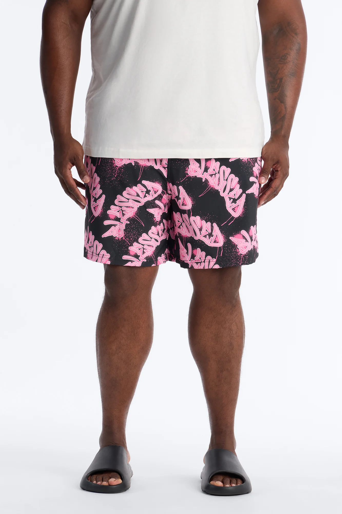 Blessed Street Graffiti Printed Swim Trunk 7″ - Black/Pink - Image 6